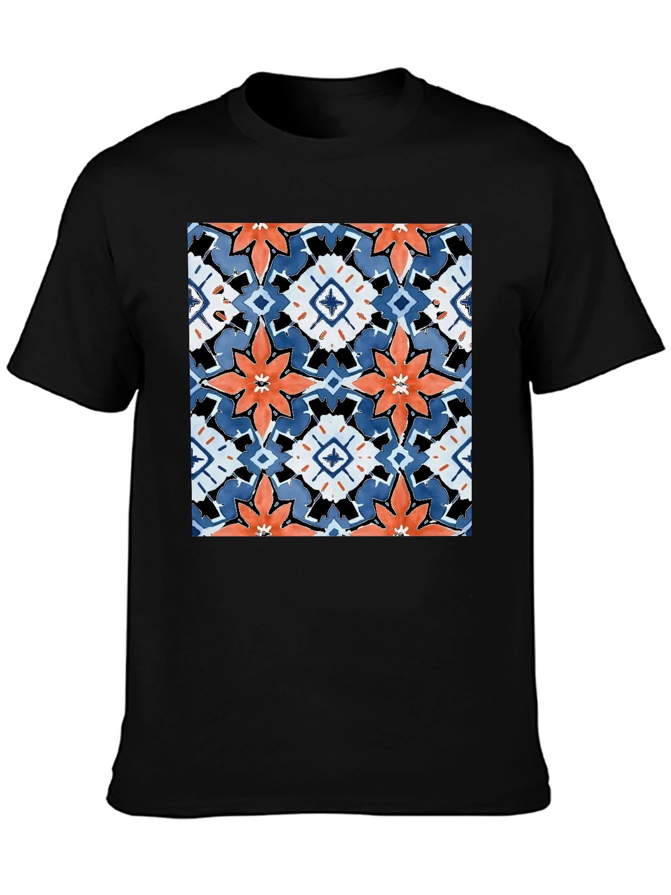 Black T-Shirt with Bold Floral Tile Design
