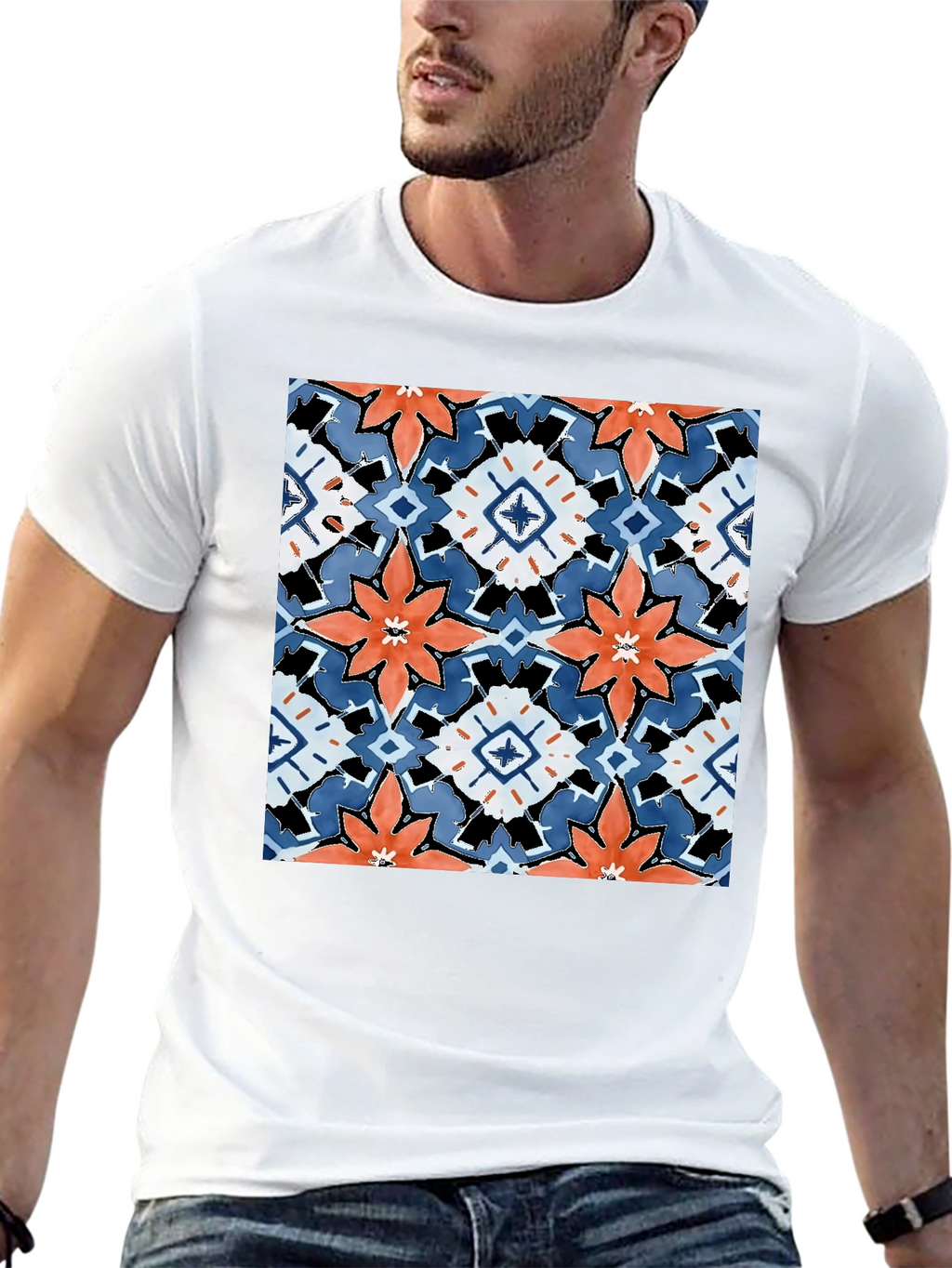 Black T-Shirt with Bold Floral Tile Design
