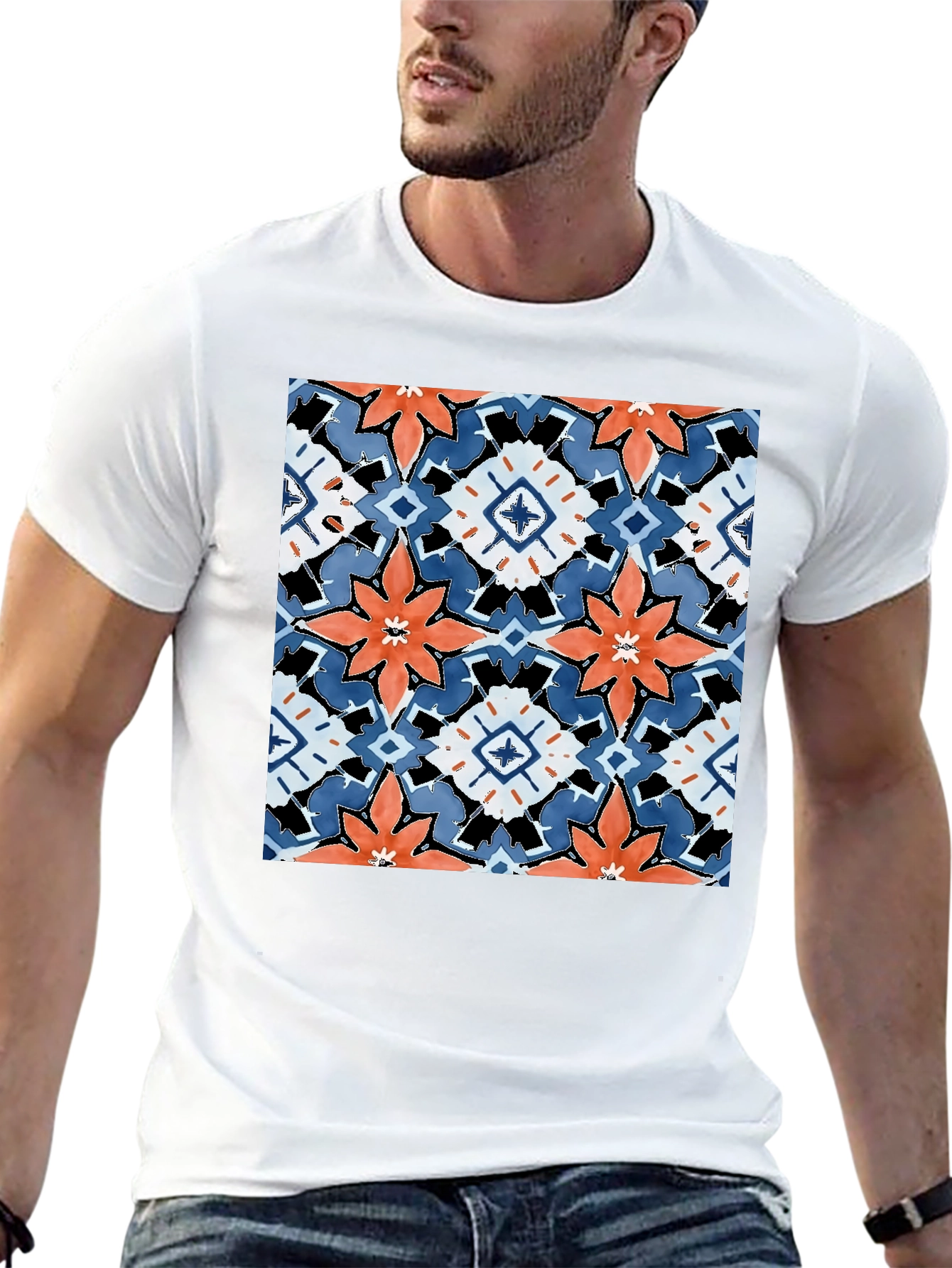 Black T-Shirt with Bold Floral Tile Design