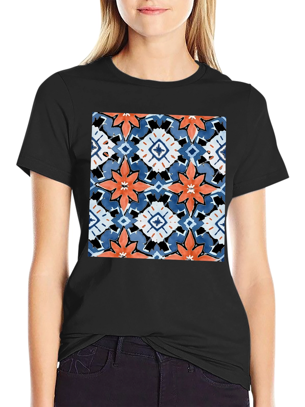 Black T-Shirt with Bold Floral Tile Design