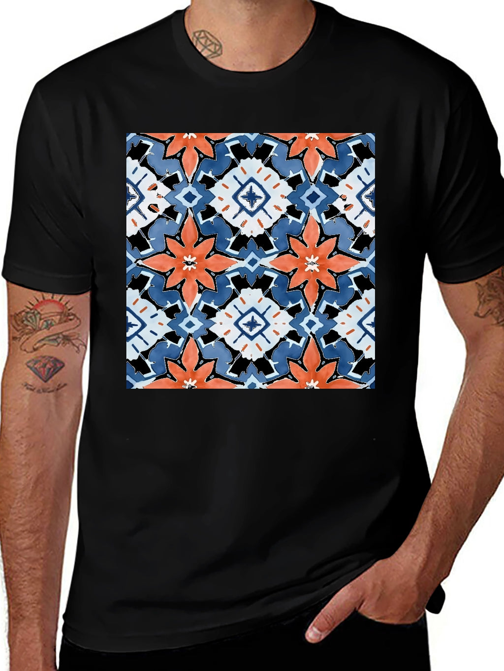 Black T-Shirt with Bold Floral Tile Design