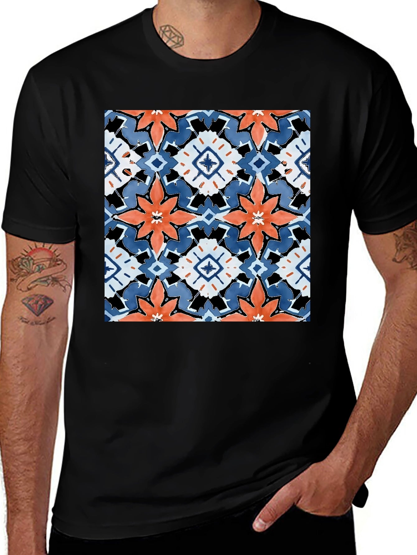 Black T-Shirt with Bold Floral Tile Design