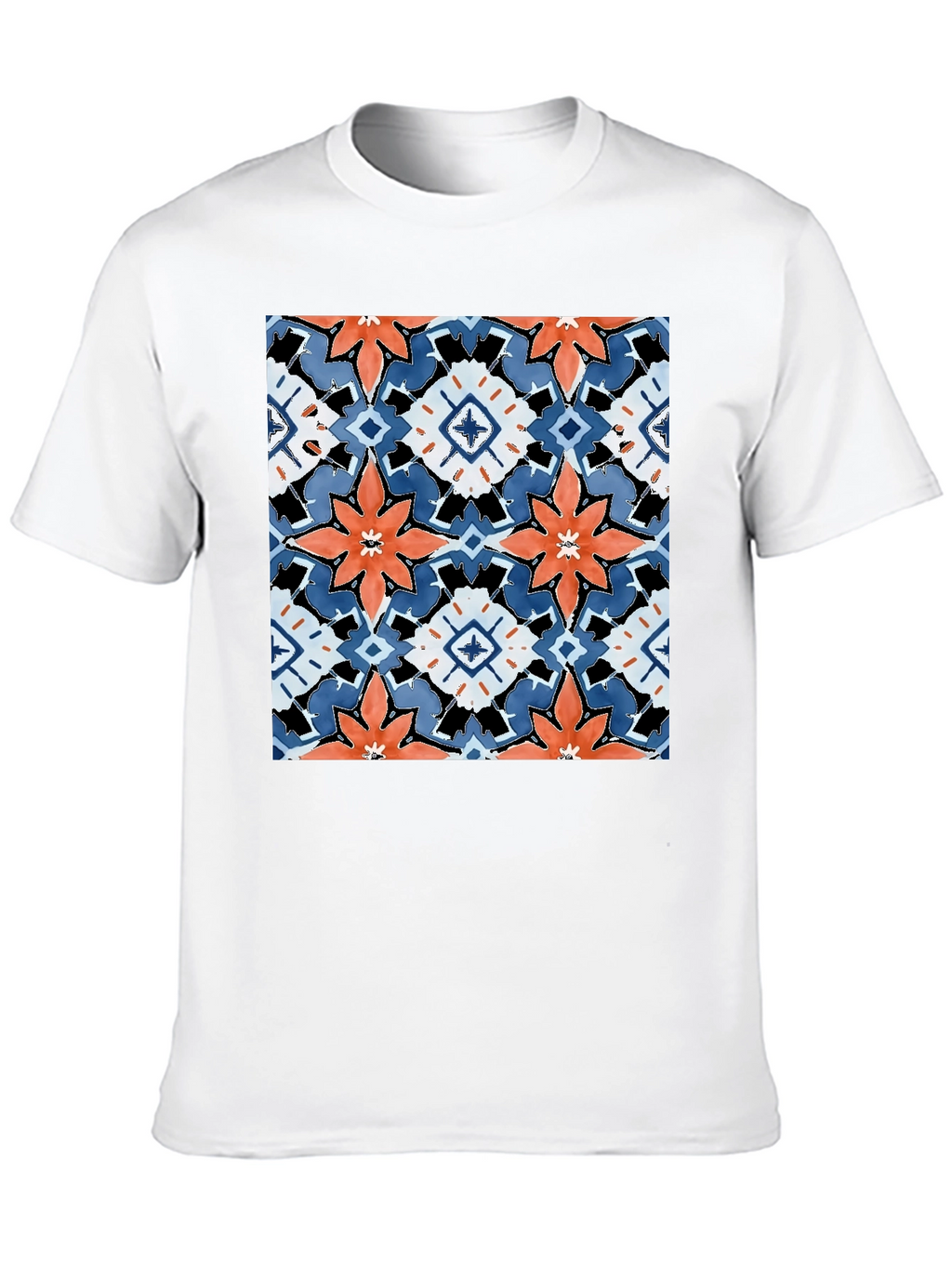 Black T-Shirt with Bold Floral Tile Design