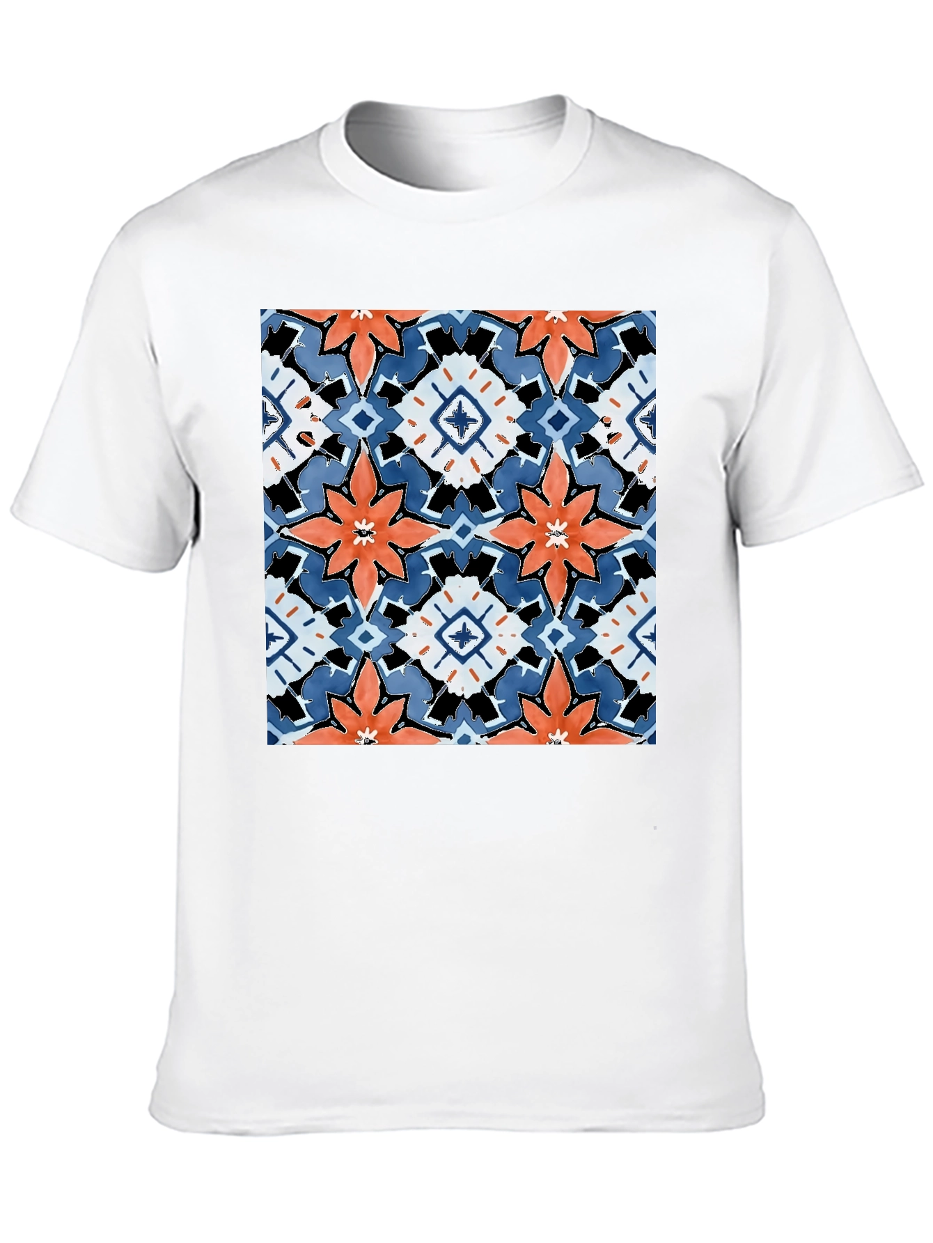 Black T-Shirt with Bold Floral Tile Design