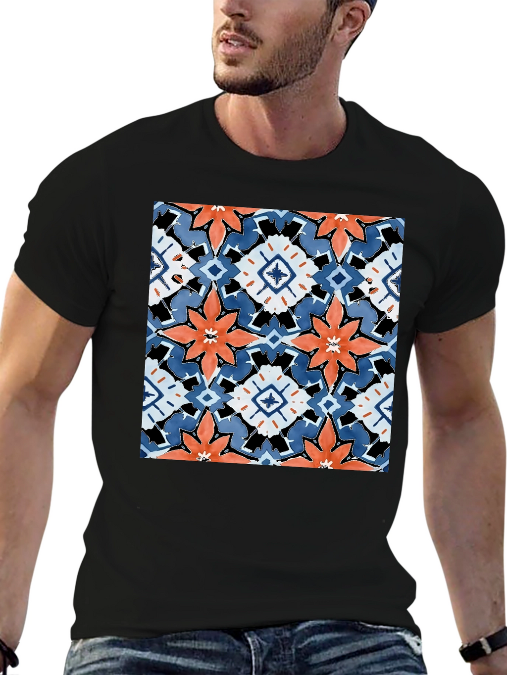 Black T-Shirt with Bold Floral Tile Design