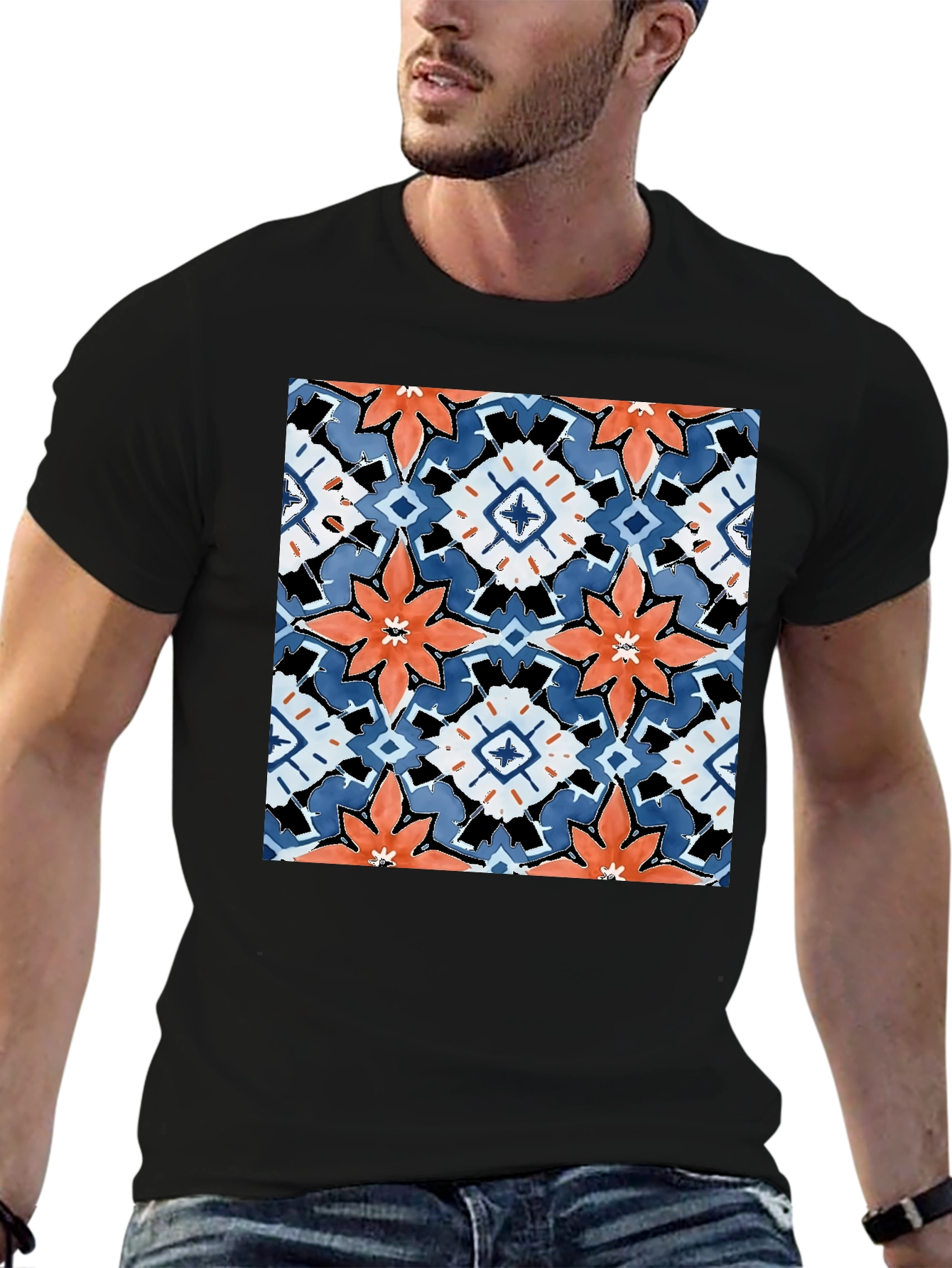 Black T-Shirt with Bold Floral Tile Design