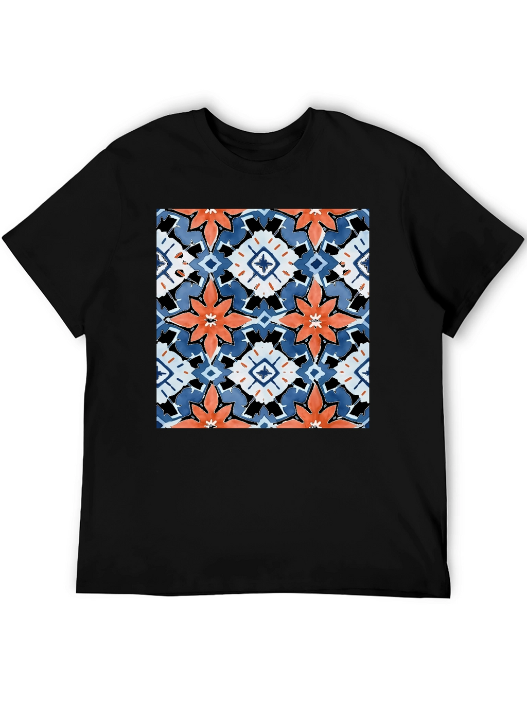 Black T-Shirt with Bold Floral Tile Design