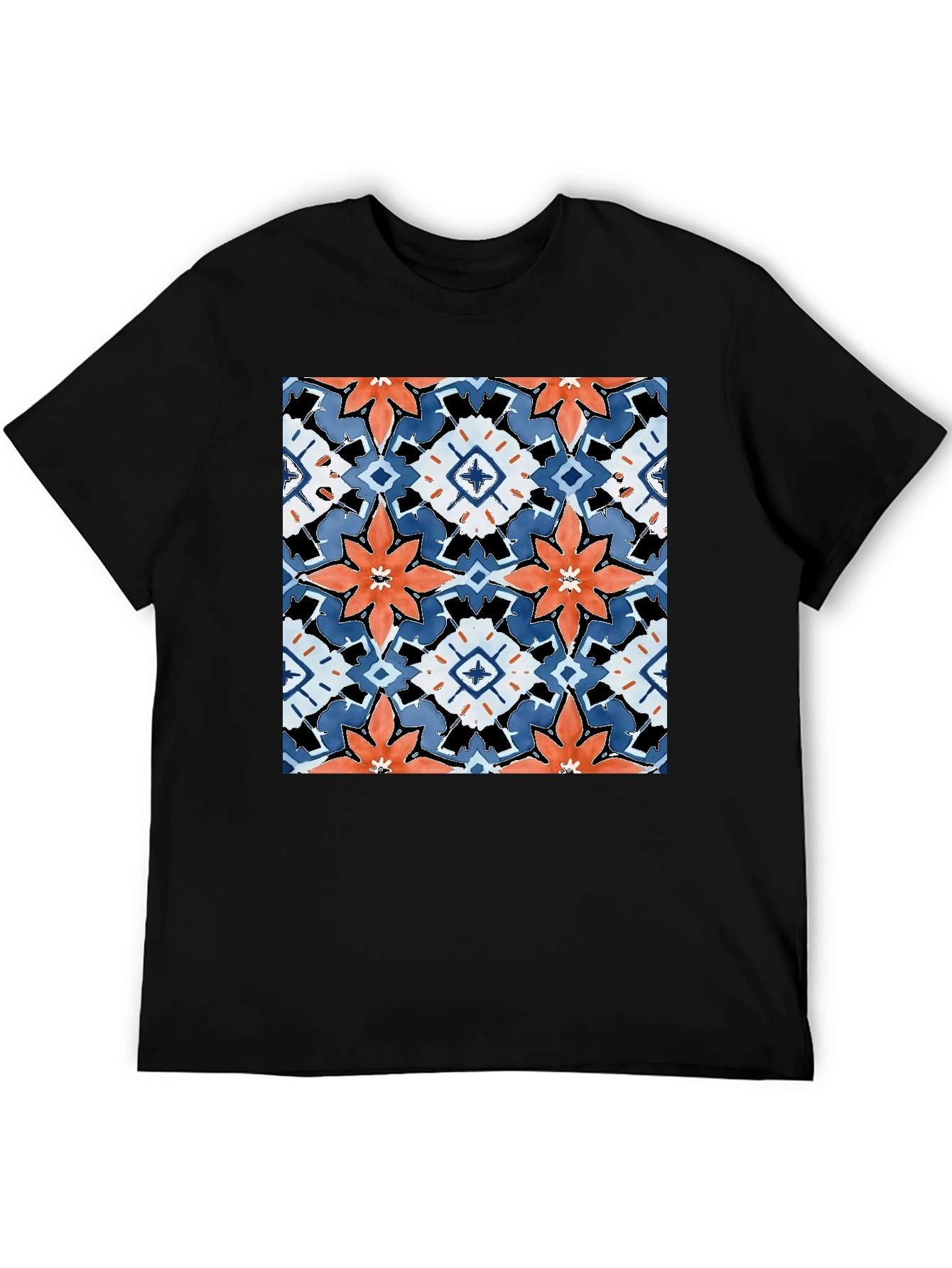 Black T-Shirt with Bold Floral Tile Design