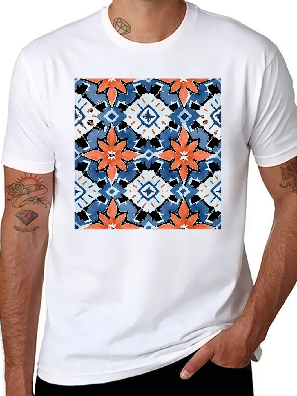 Black T-Shirt with Bold Floral Tile Design