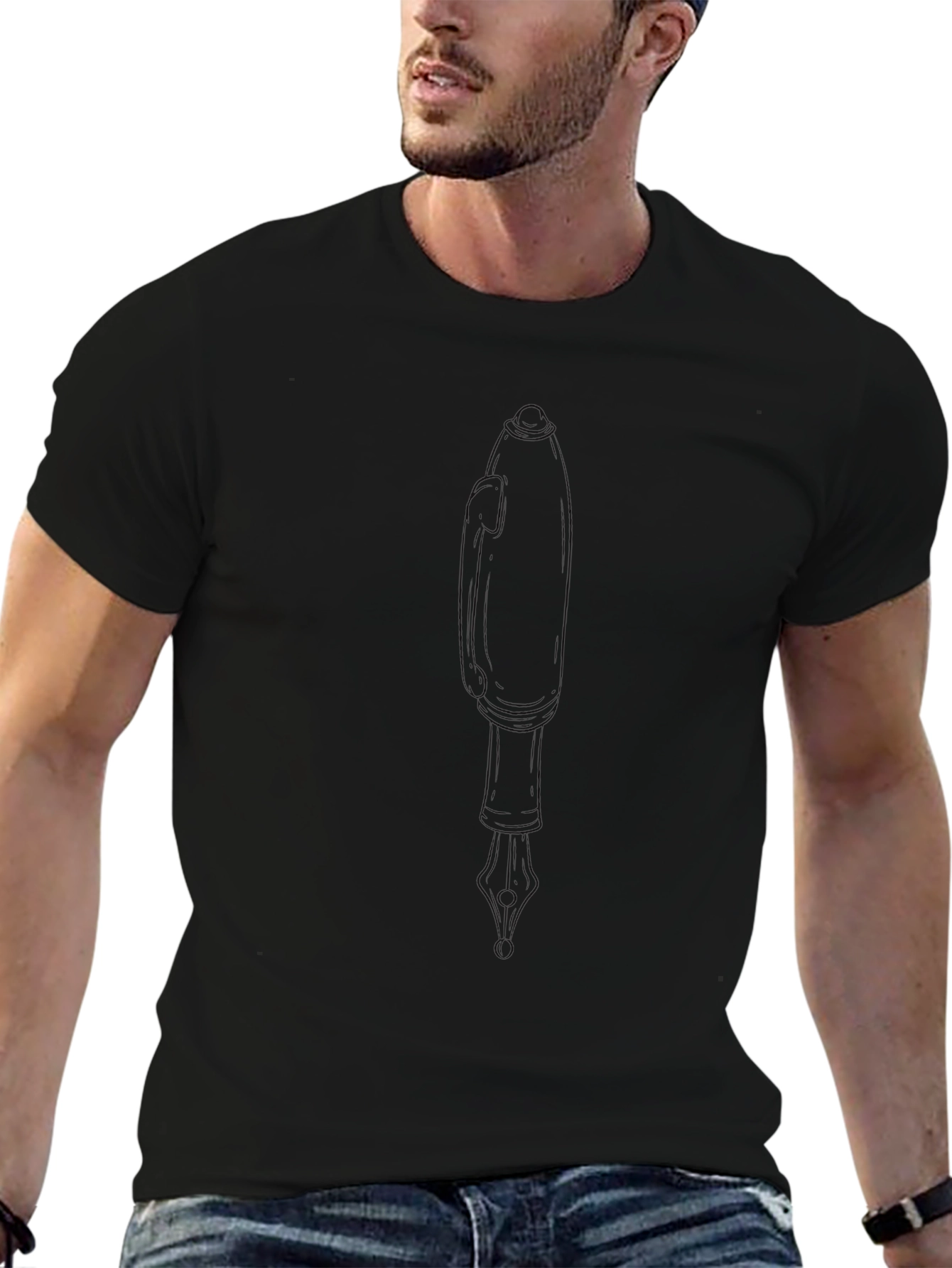 Mens Black Graphic Tee - Unique Pen Design