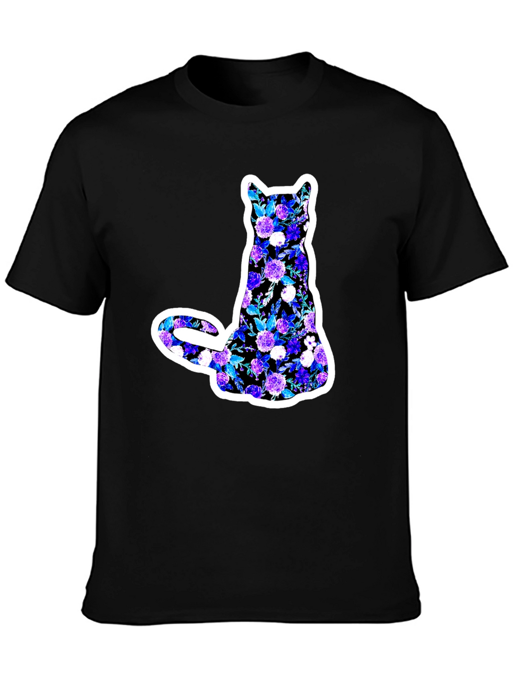 Floral Cat Graphic Black T-Shirt