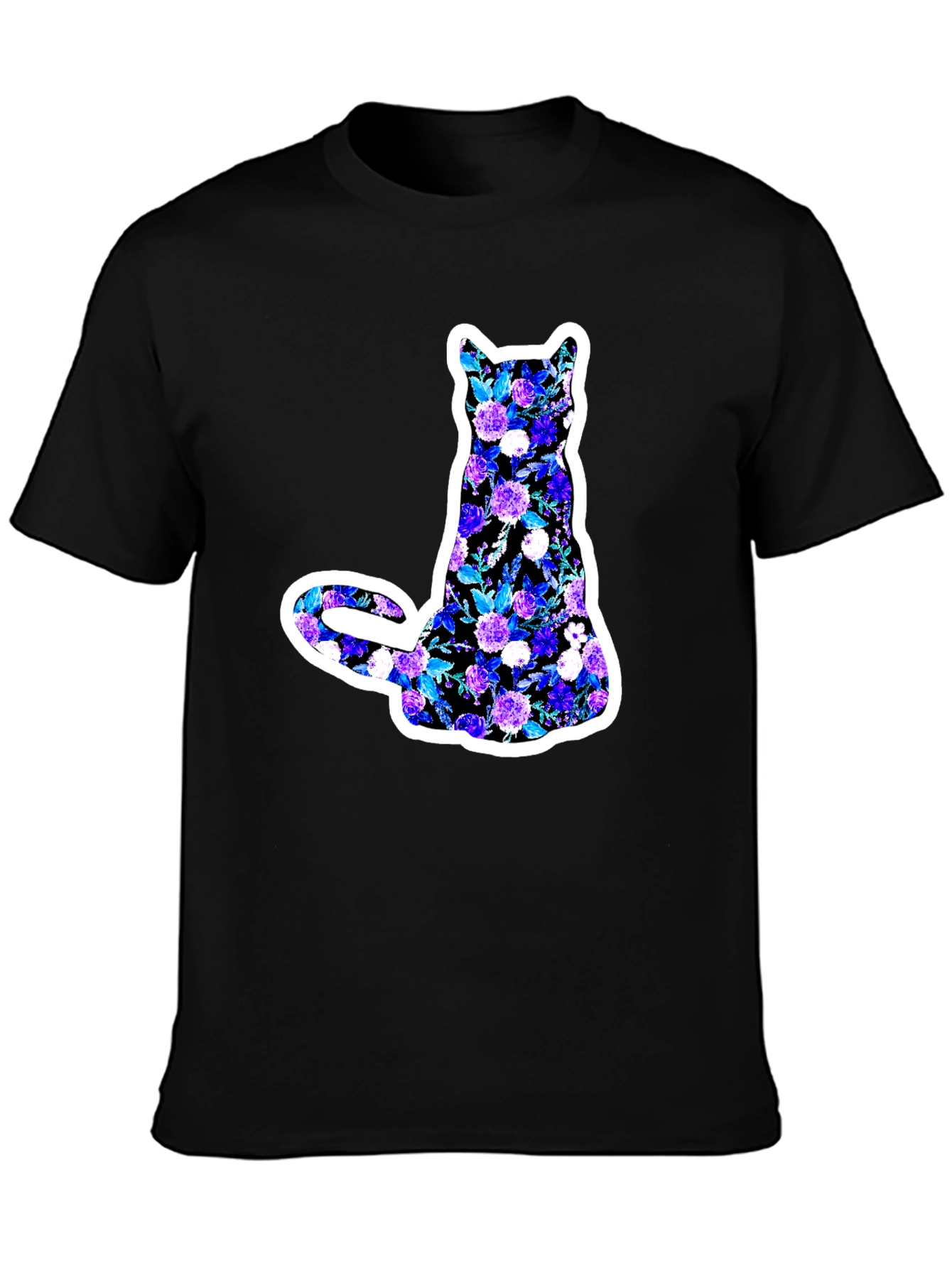 Floral Cat Graphic Black T-Shirt