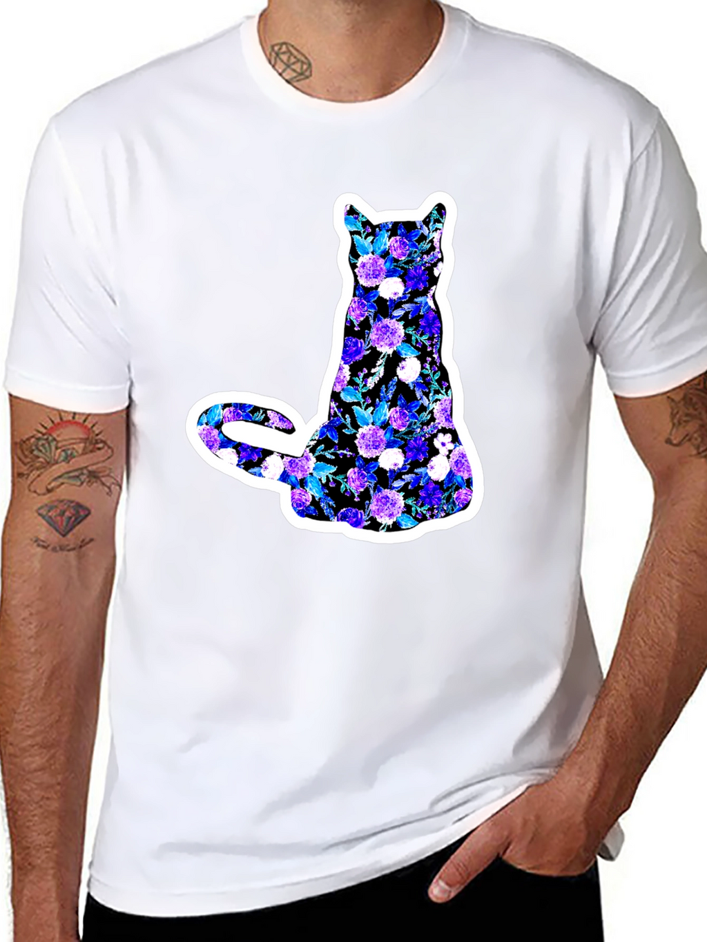 Floral Cat Graphic Black T-Shirt