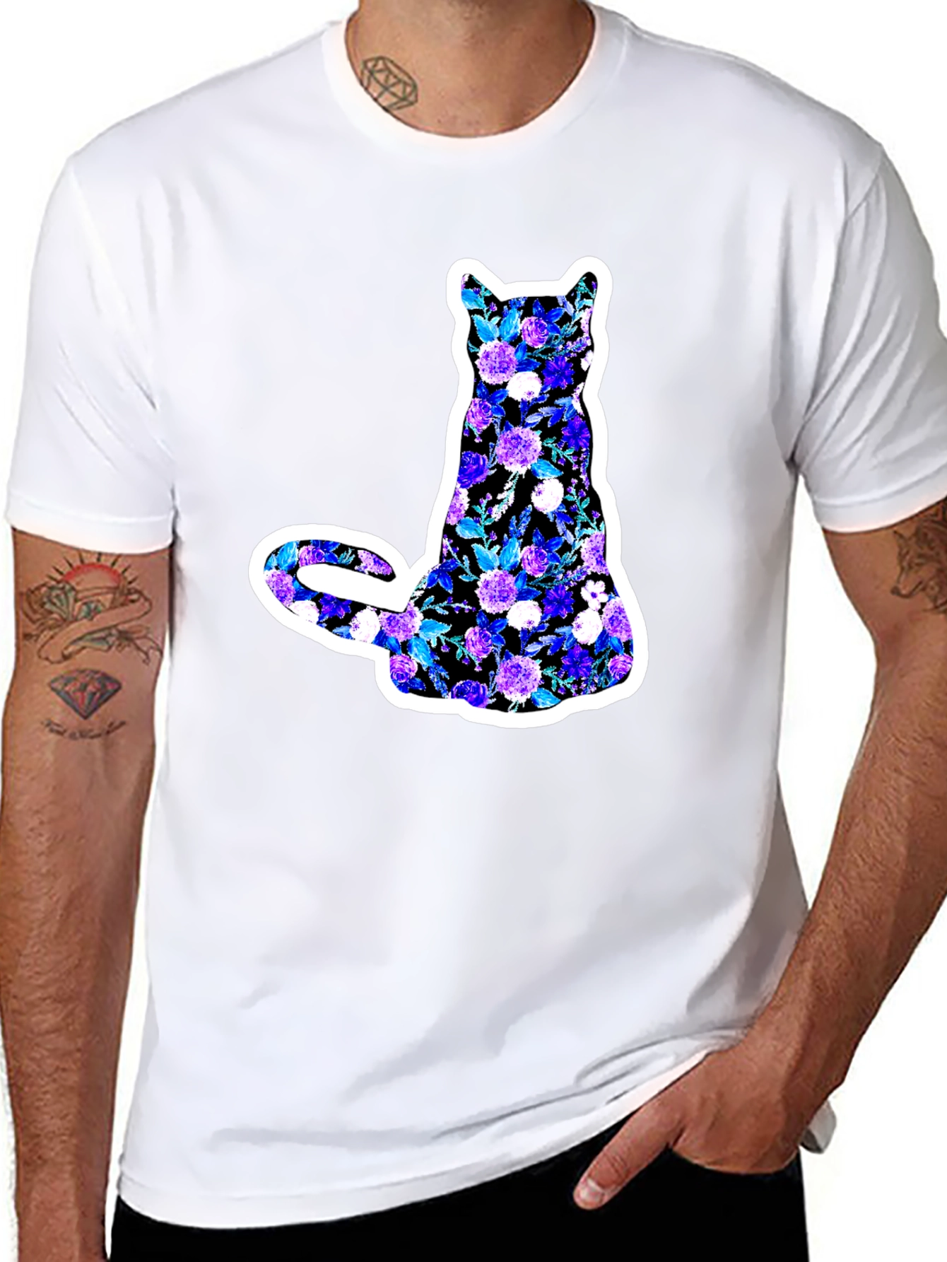 Floral Cat Graphic Black T-Shirt