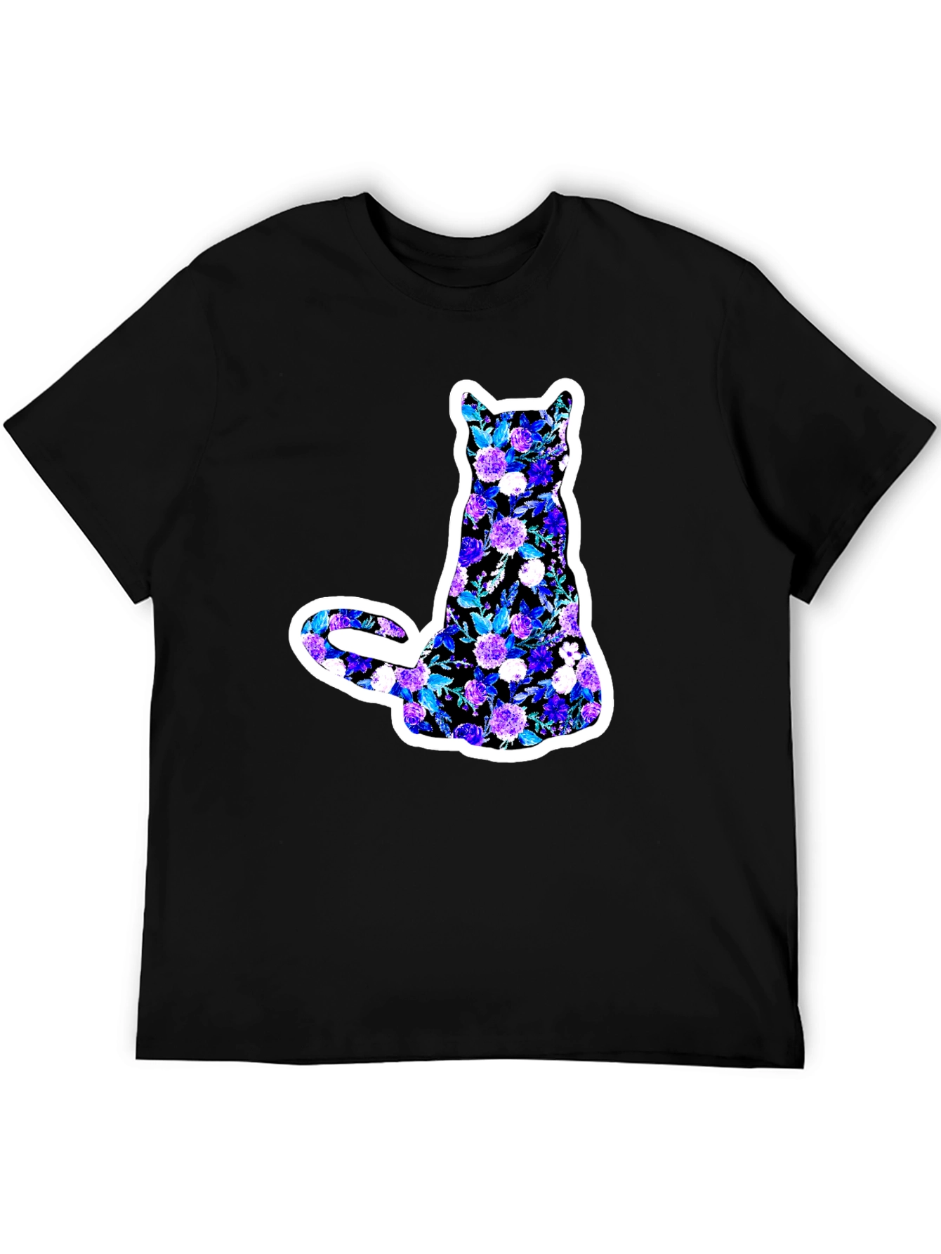 Floral Cat Graphic Black T-Shirt