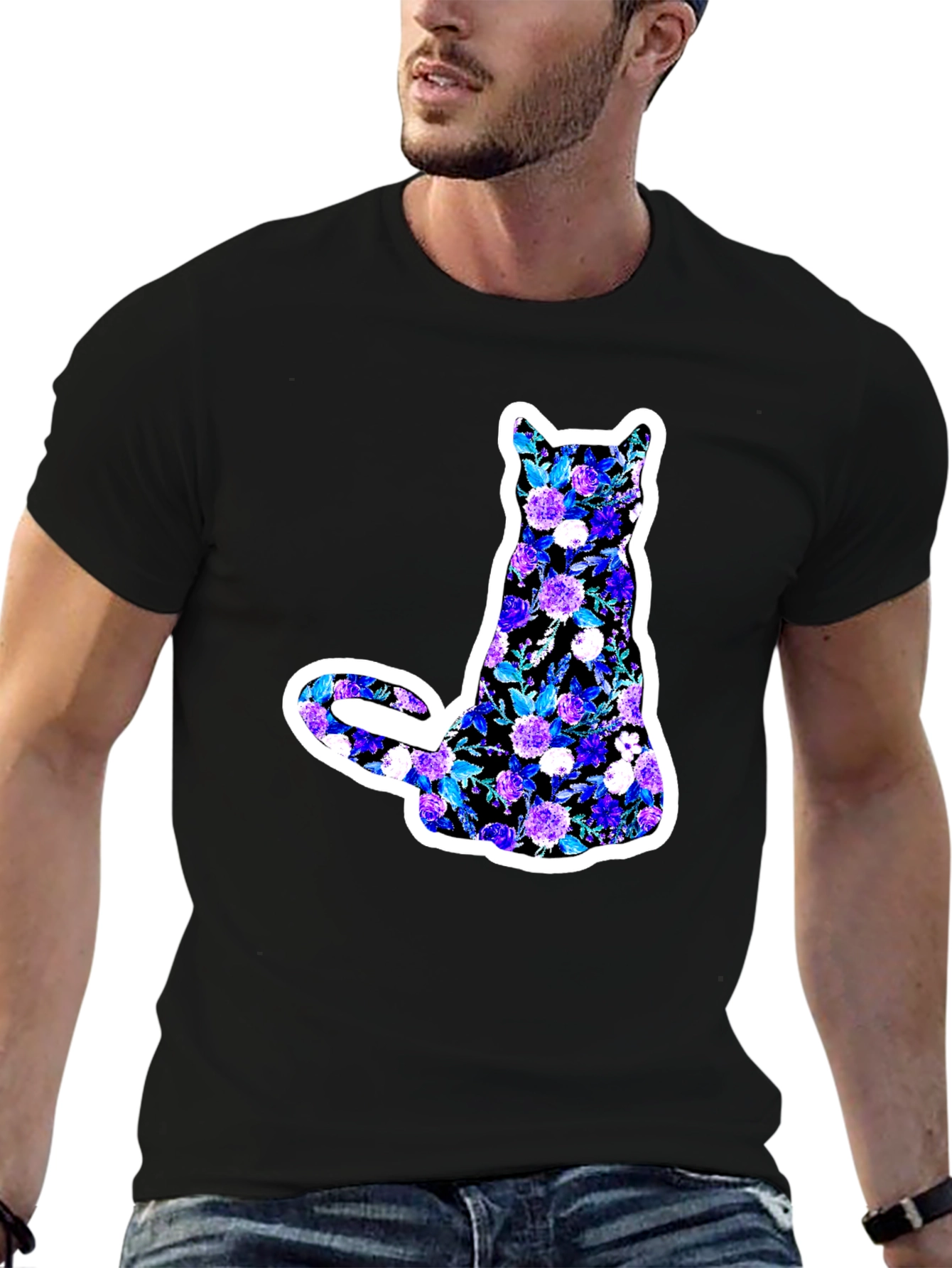 Floral Cat Graphic Black T-Shirt