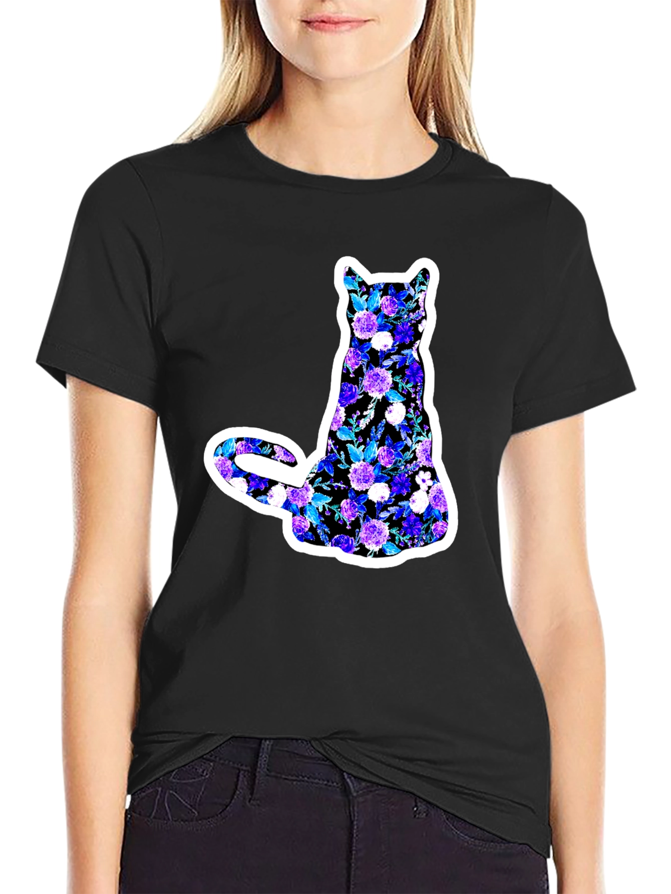 Floral Cat Graphic Black T-Shirt