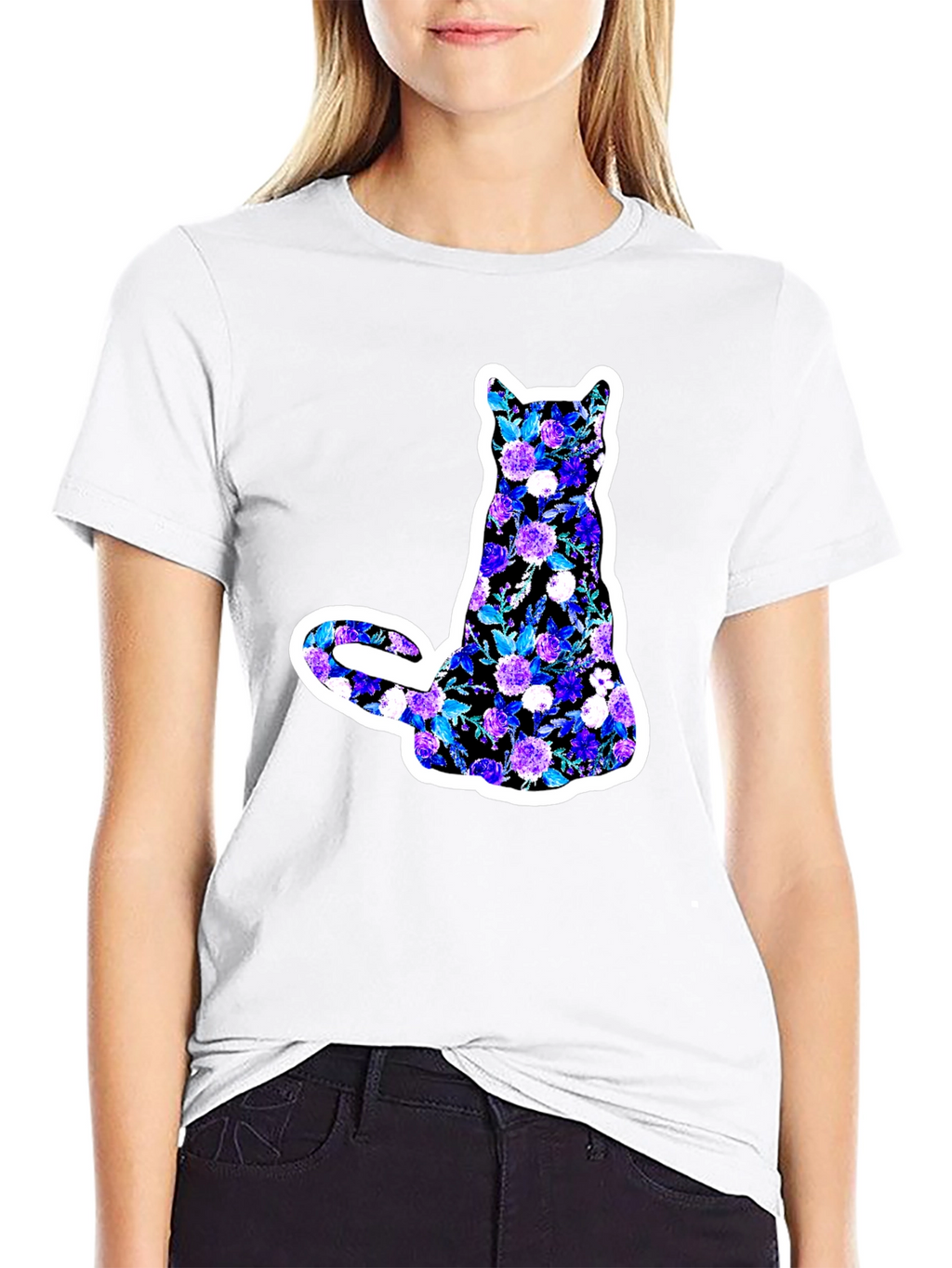 Floral Cat Graphic Black T-Shirt