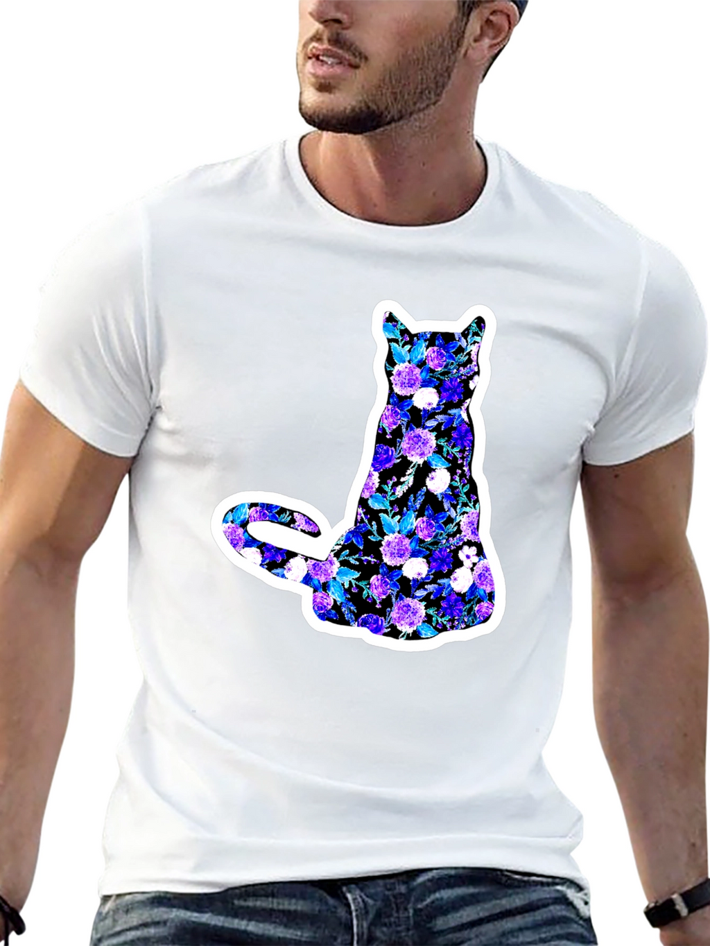 Floral Cat Graphic Black T-Shirt