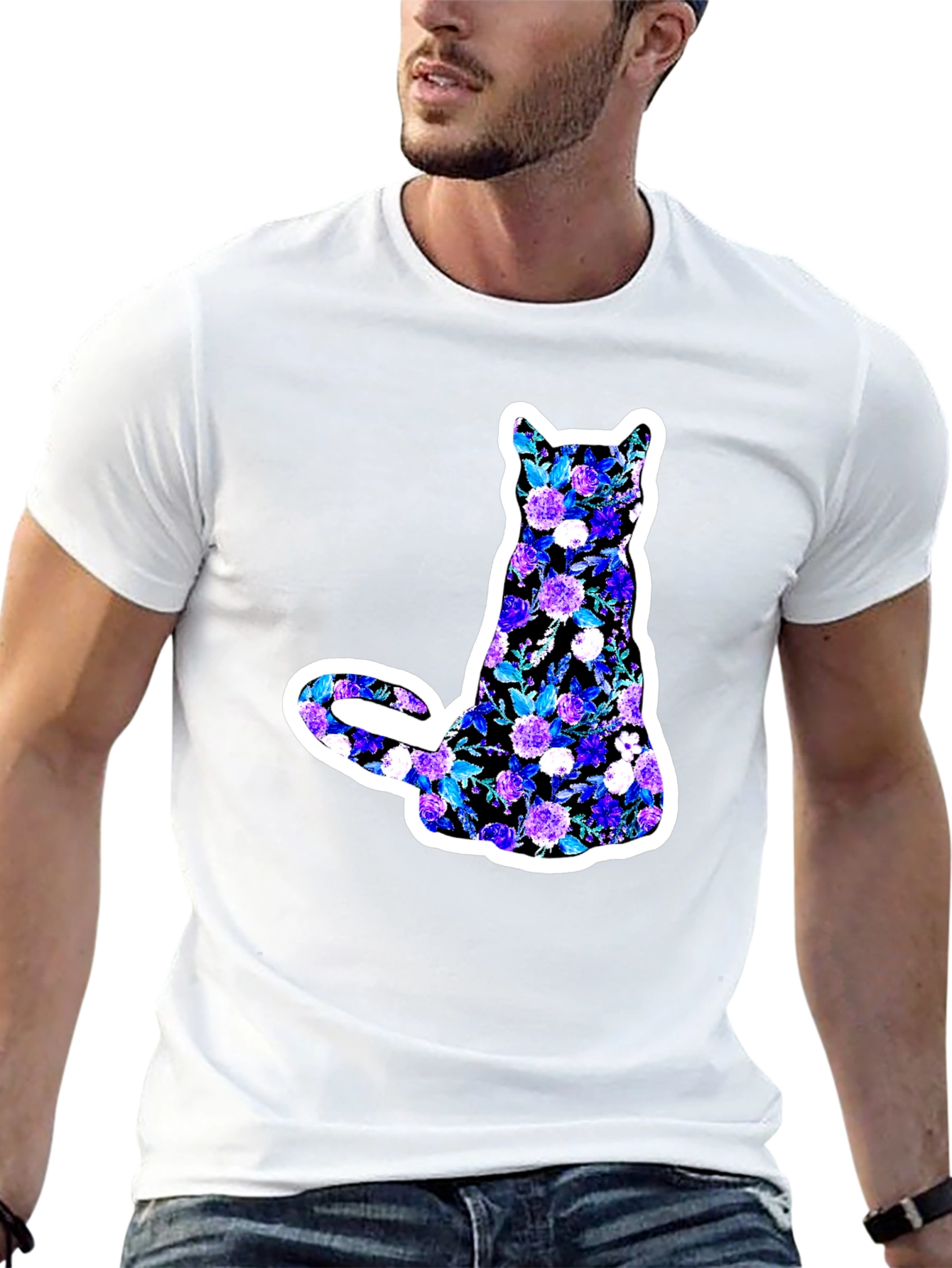 Floral Cat Graphic Black T-Shirt