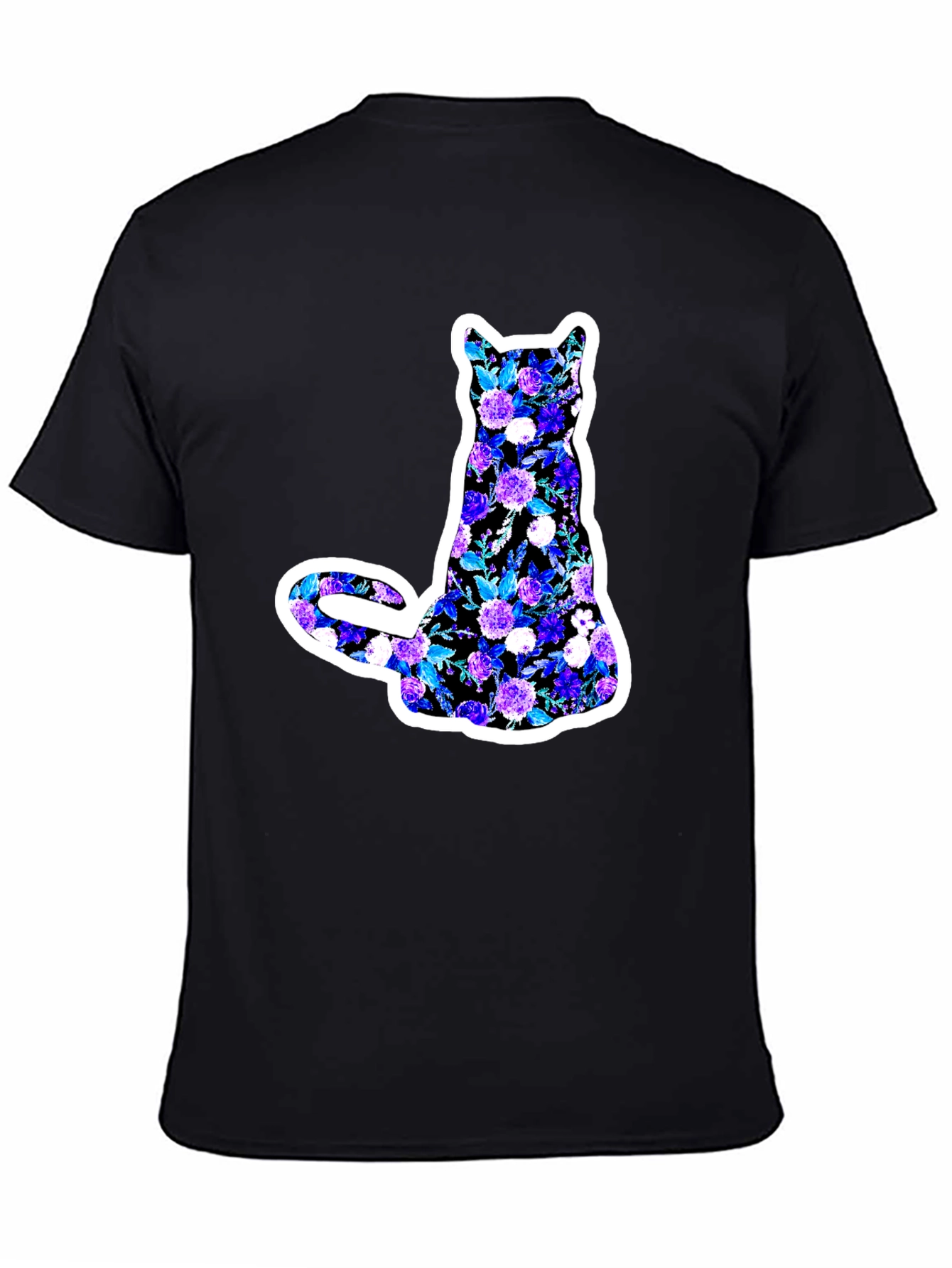 Floral Cat Graphic Black T-Shirt
