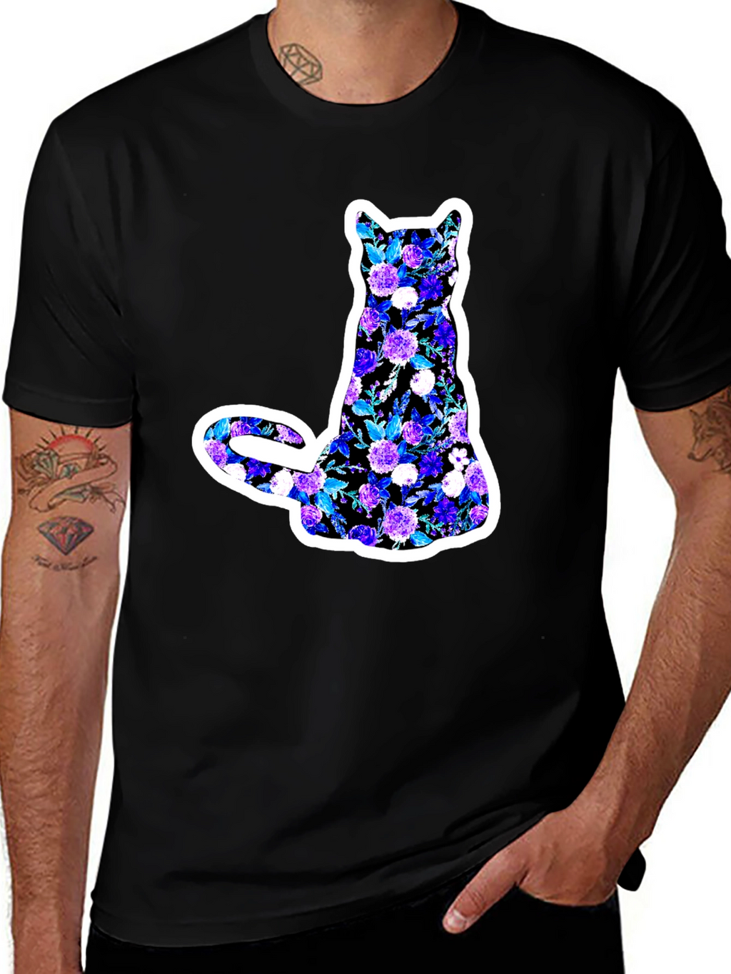 Floral Cat Graphic Black T-Shirt
