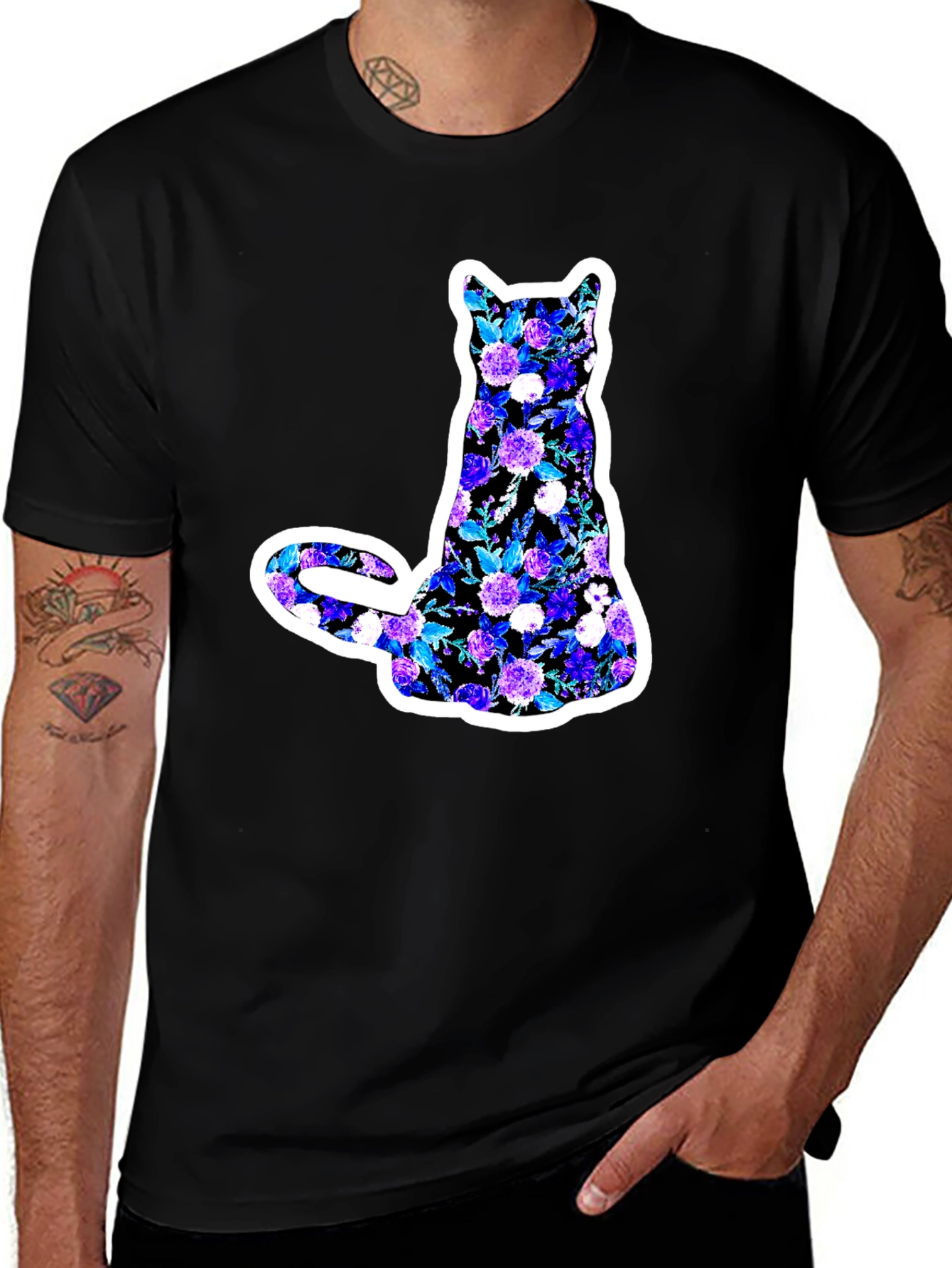 Floral Cat Graphic Black T-Shirt