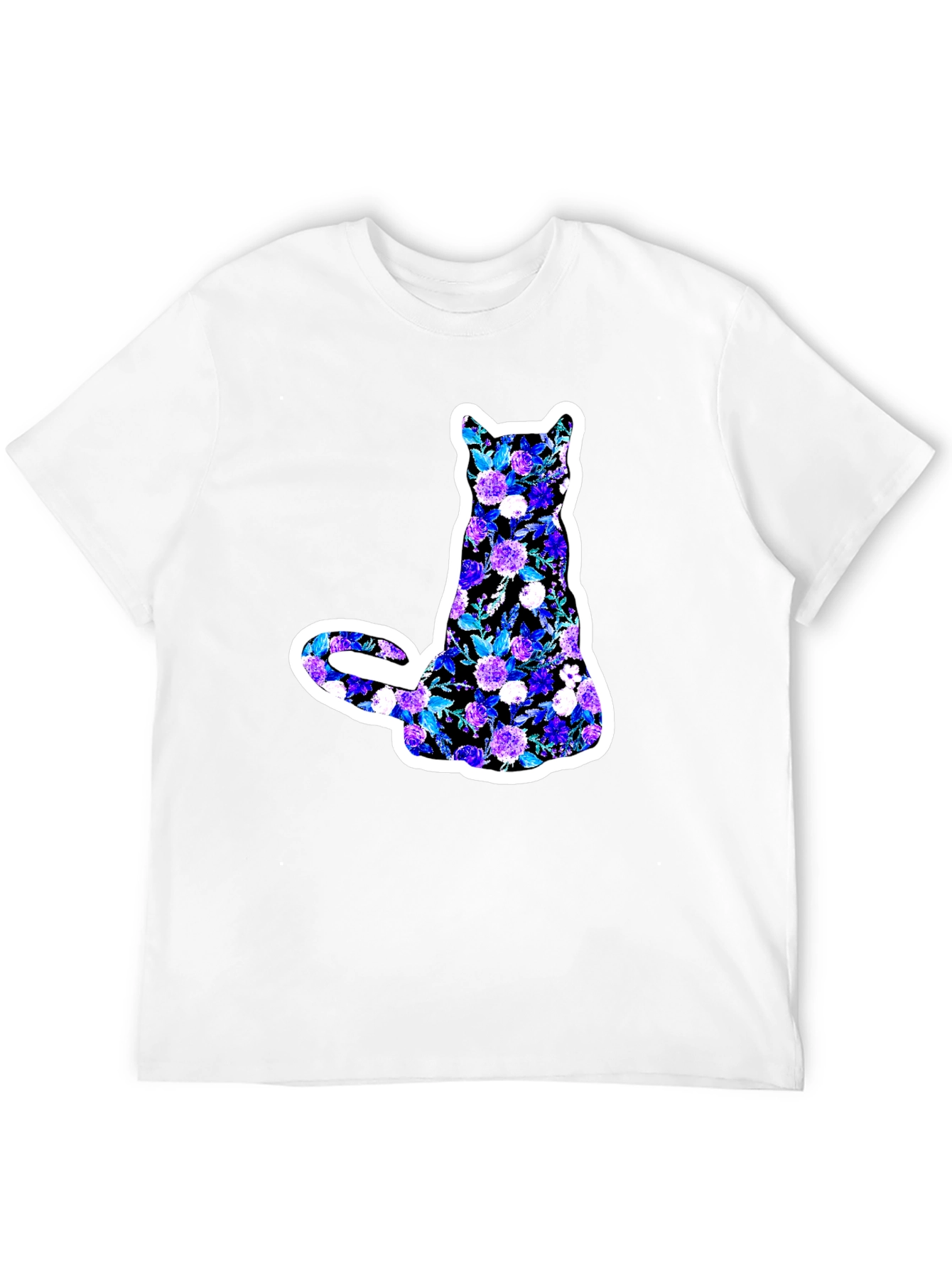 Floral Cat Graphic Black T-Shirt