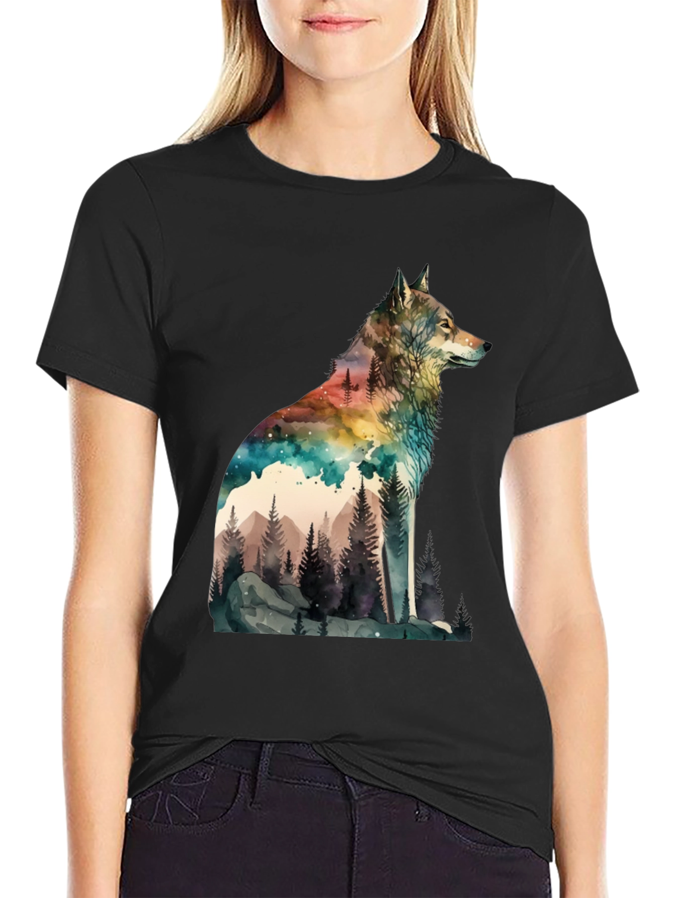Watercolor Wolf Landscape Graphic Tee