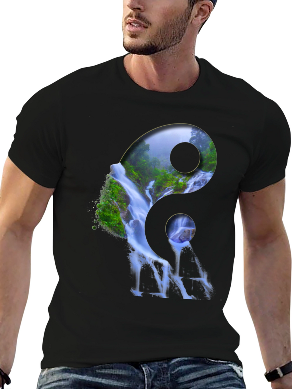 Yin Yang Waterfall Graphic Tee - Nature Inspired Design