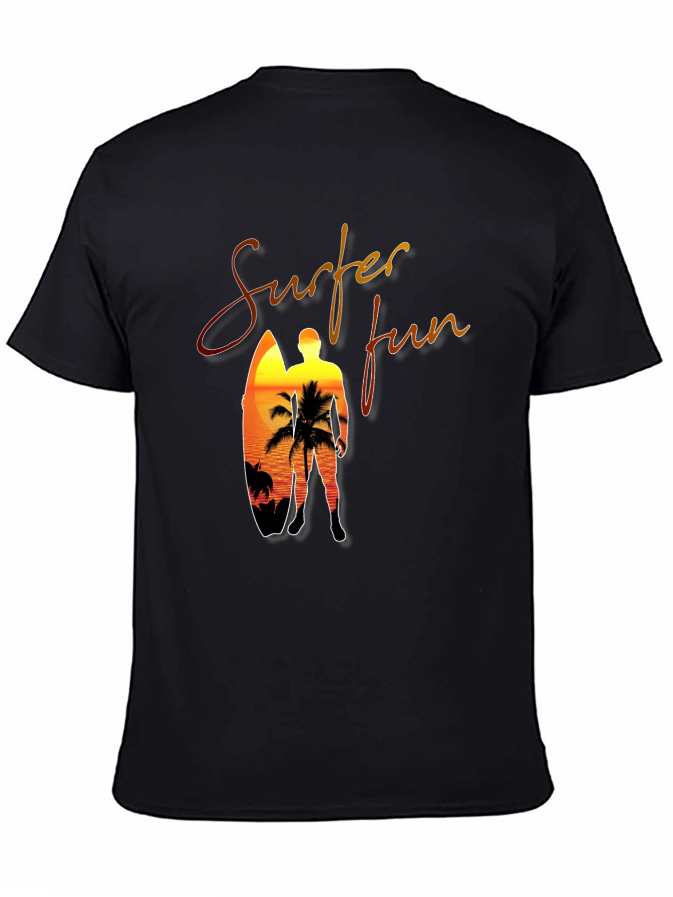Surfer Fun Black T-Shirt: Sunset Beach Design