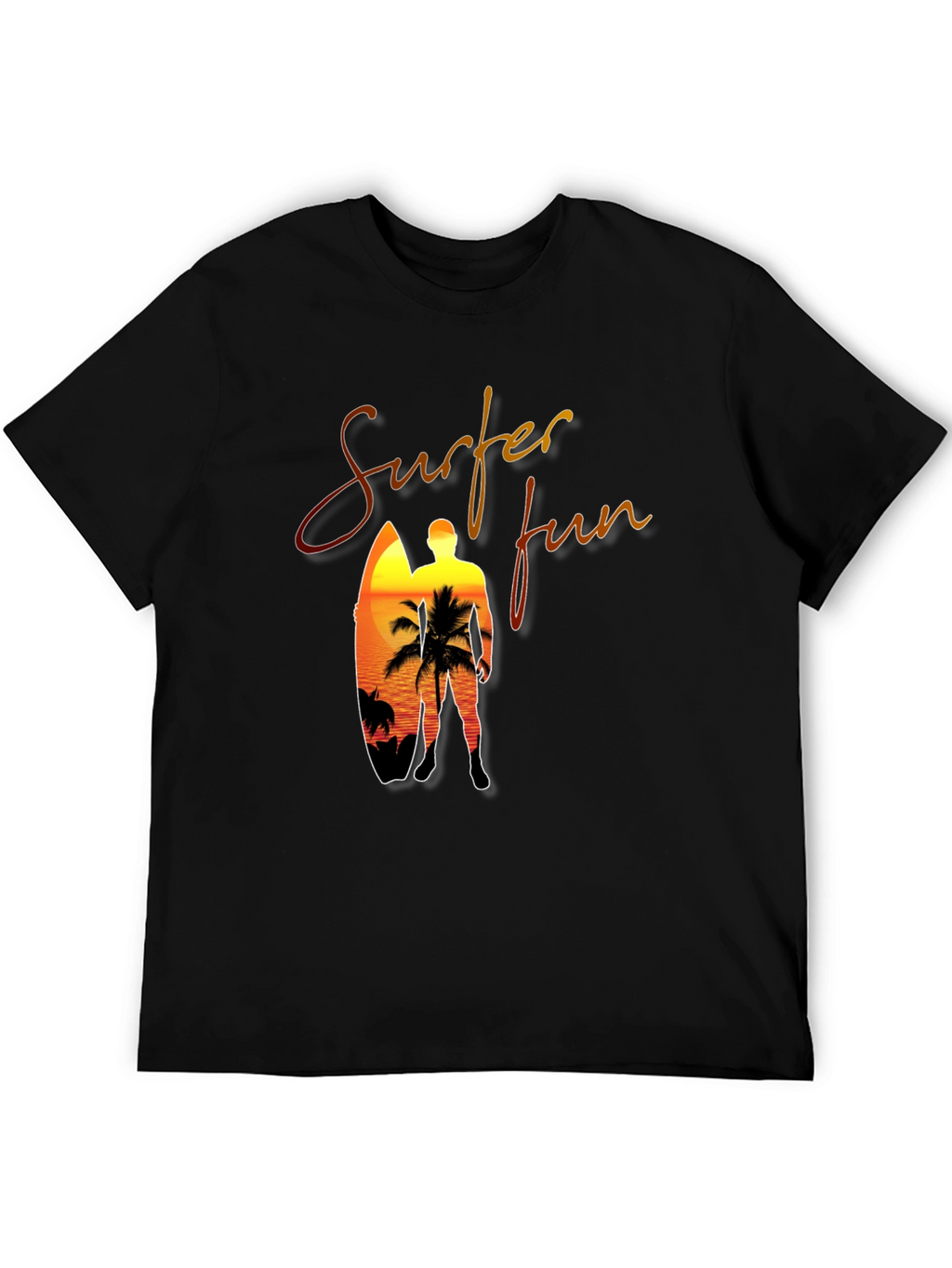 Surfer Fun Black T-Shirt: Sunset Beach Design