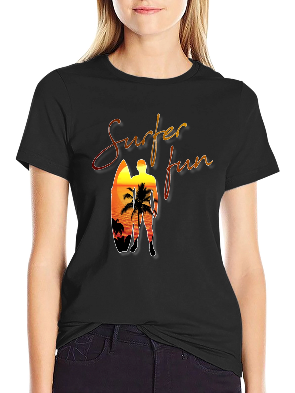 Surfer Fun Black T-Shirt: Sunset Beach Design