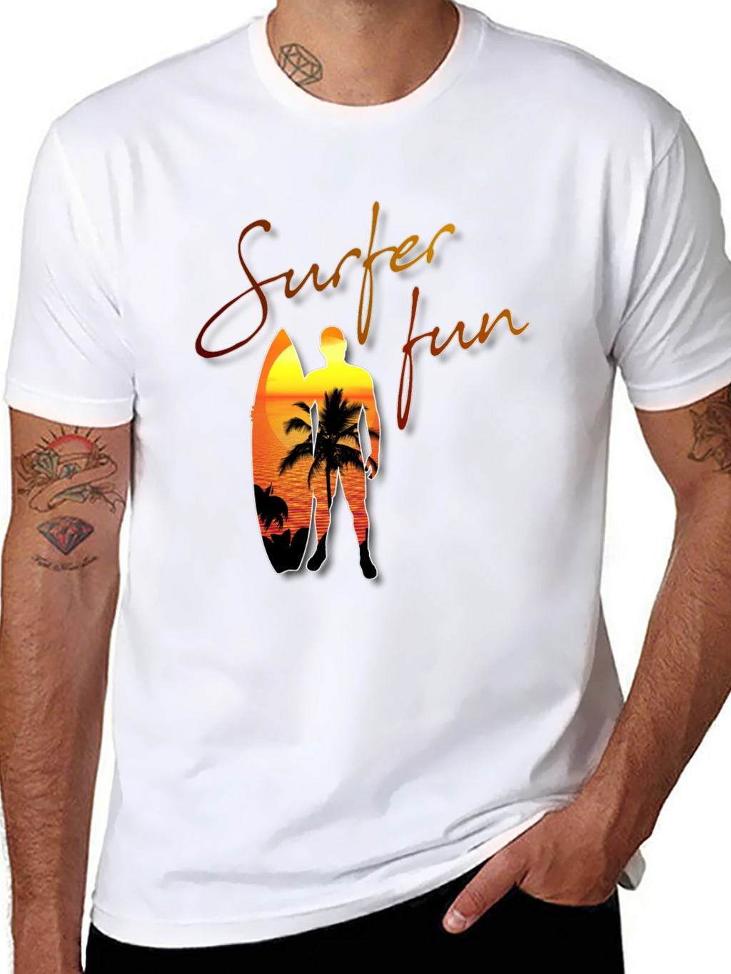Surfer Fun Black T-Shirt: Sunset Beach Design