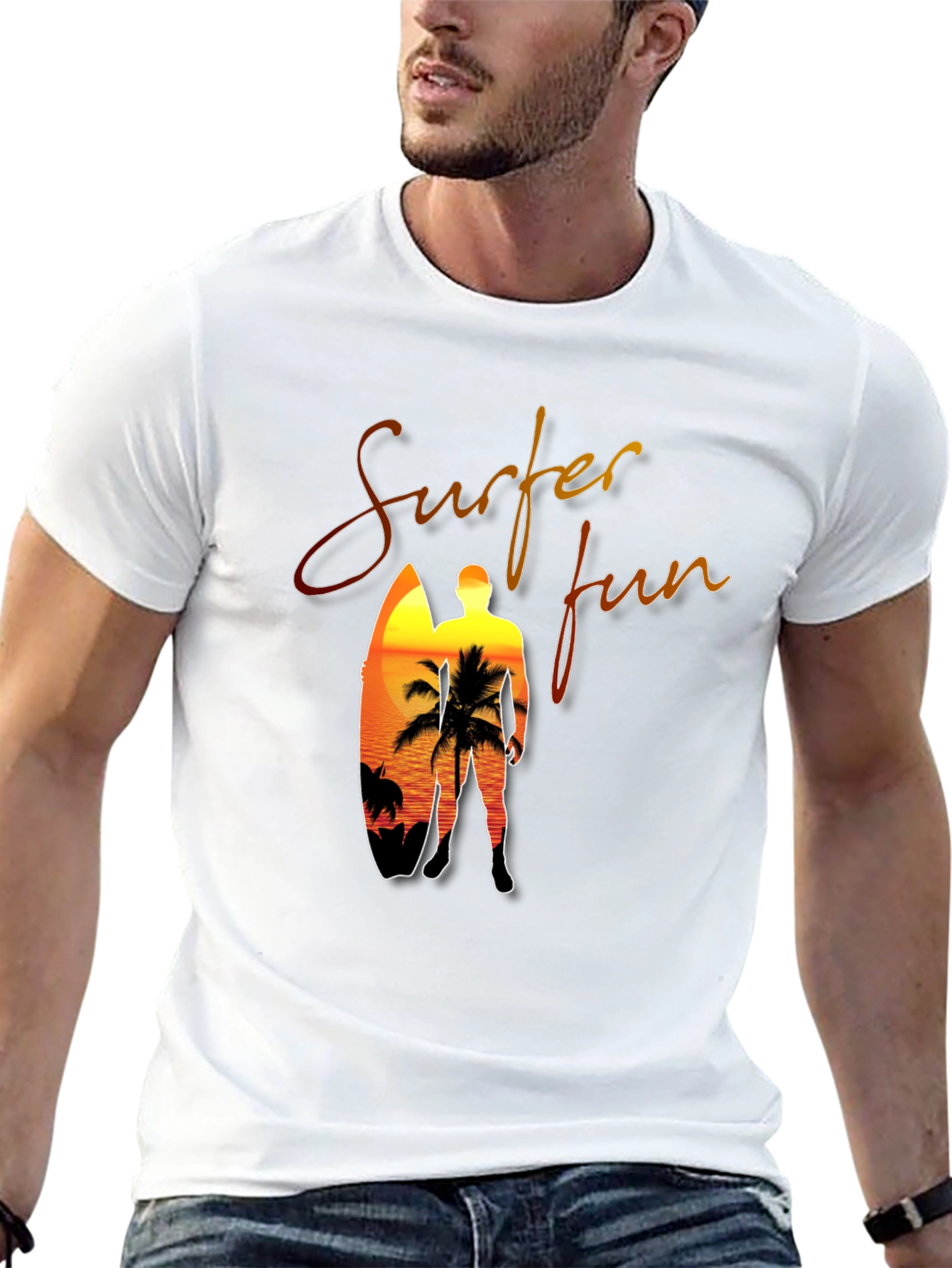 Surfer Fun Black T-Shirt: Sunset Beach Design