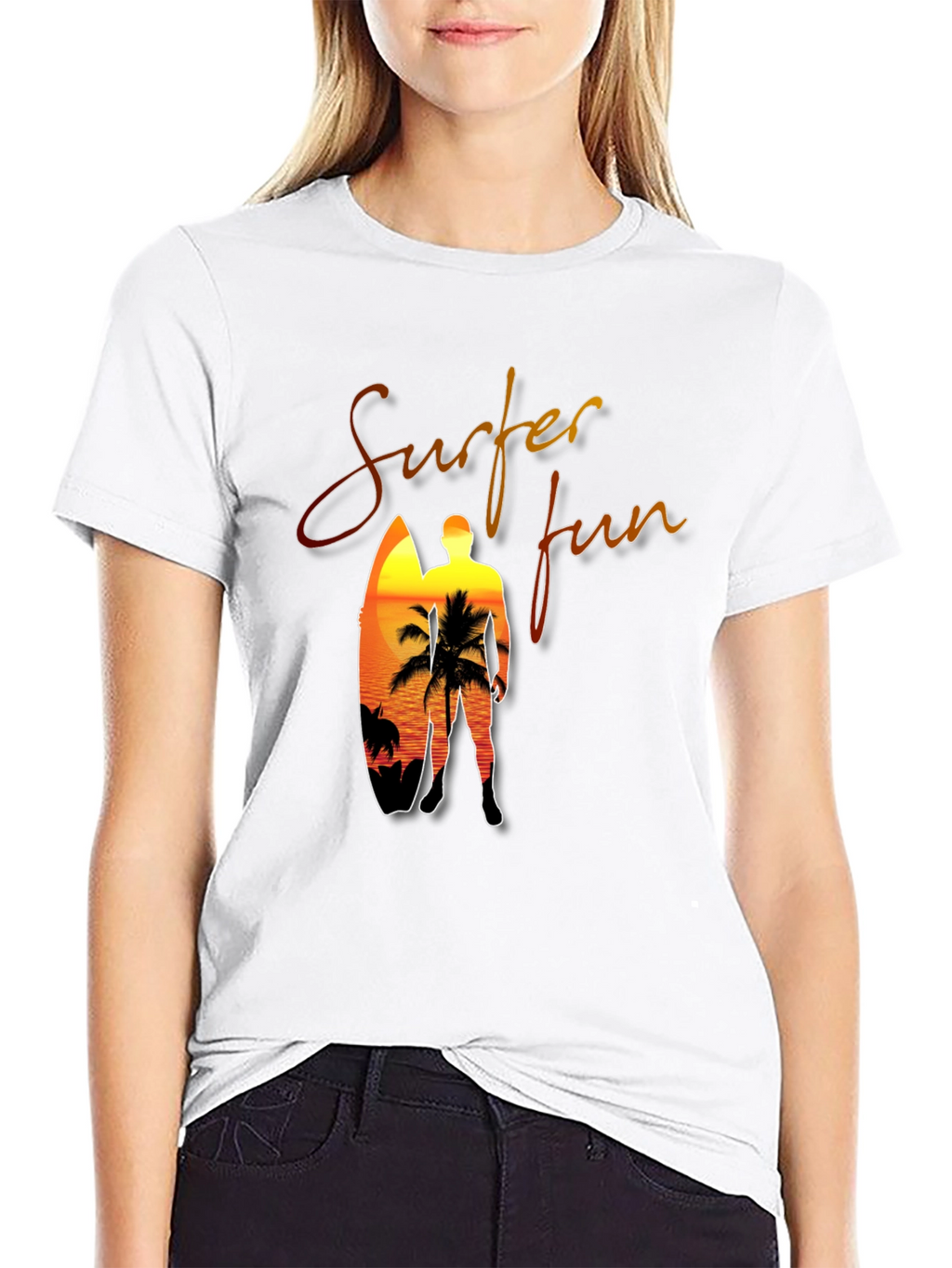 Surfer Fun Black T-Shirt: Sunset Beach Design