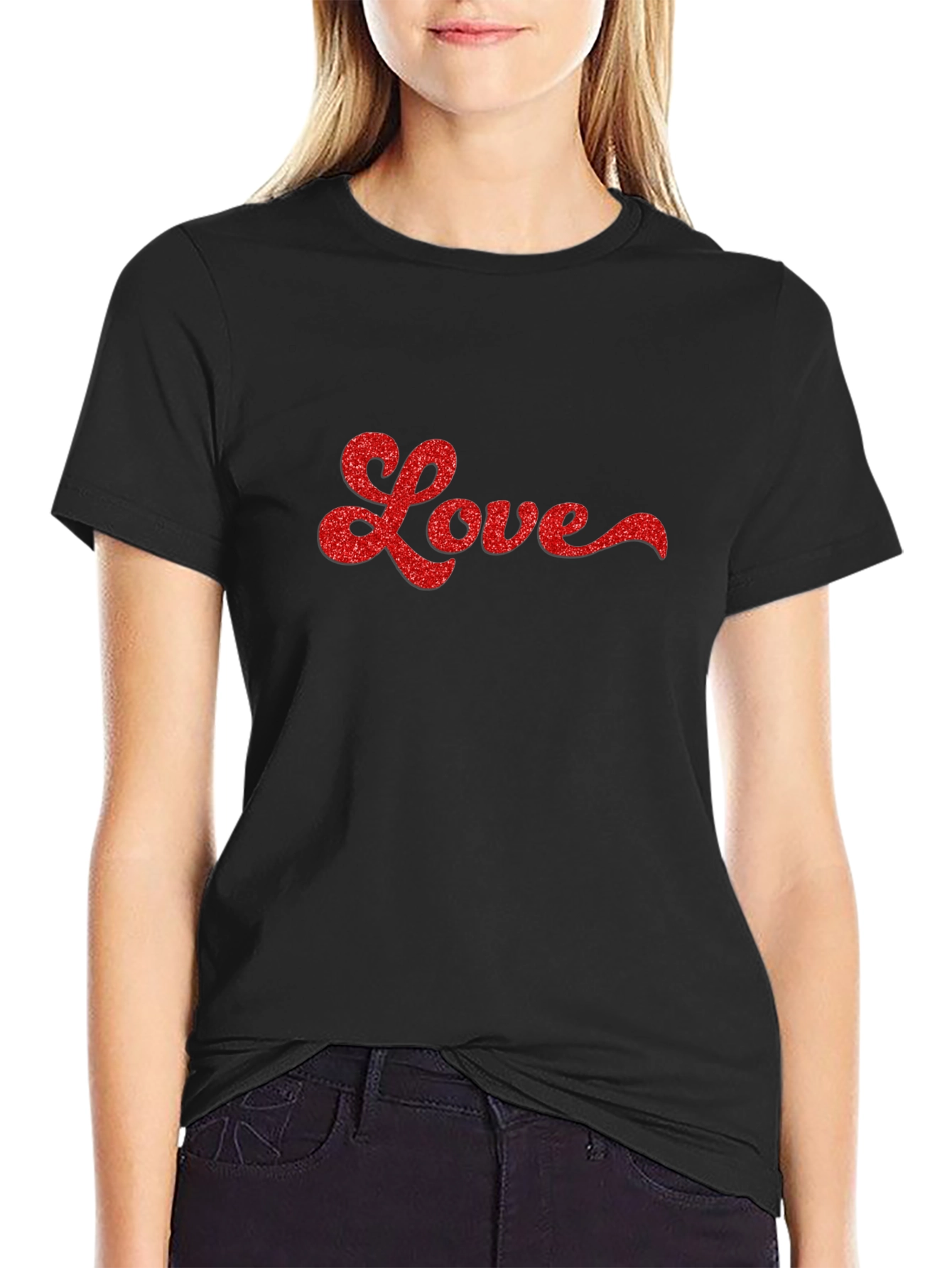 Love Glitter Graphic Black Tee Shirt