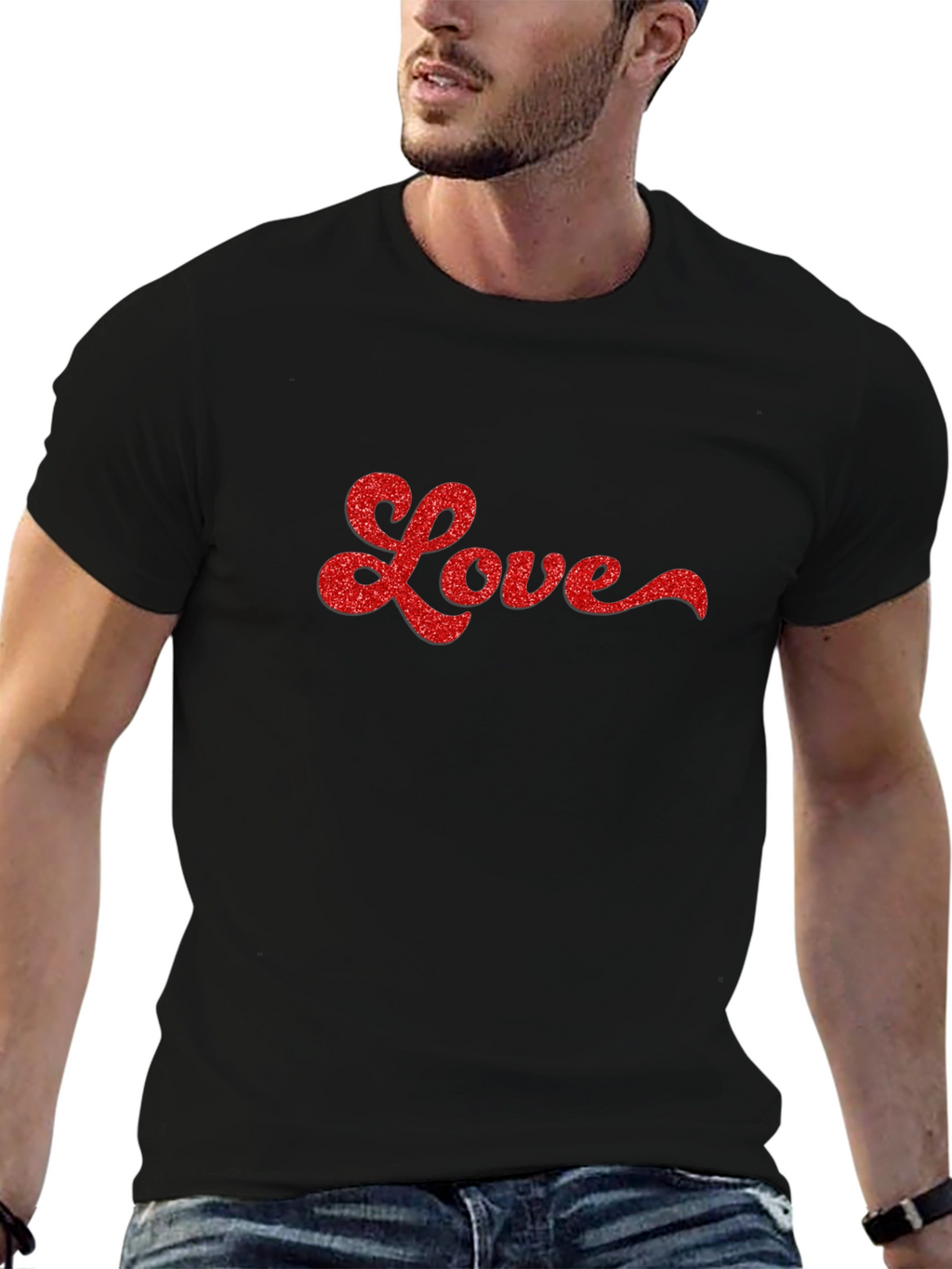 Love Glitter Graphic Black Tee Shirt