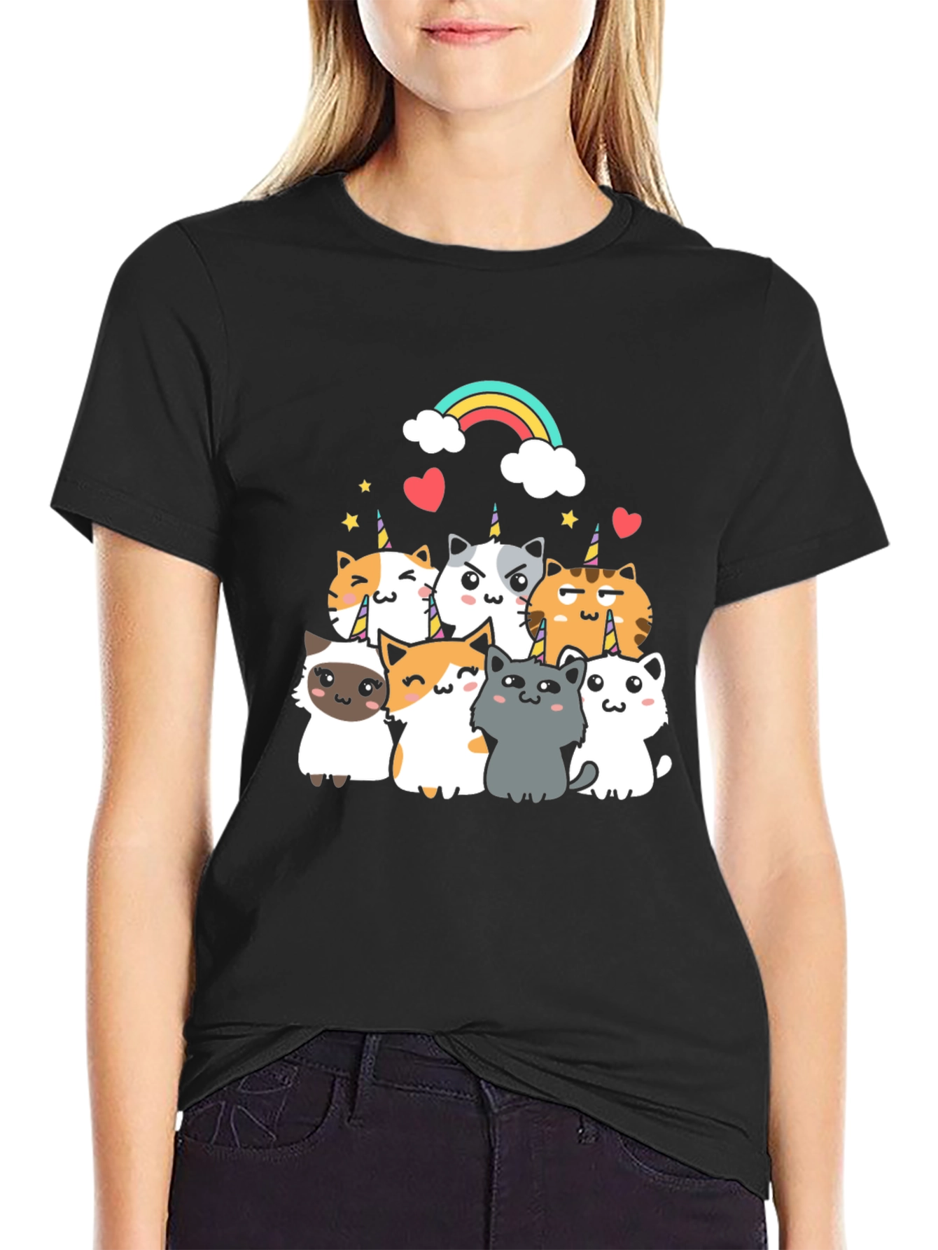 Cute Unicorn Cat T-Shirt - Black