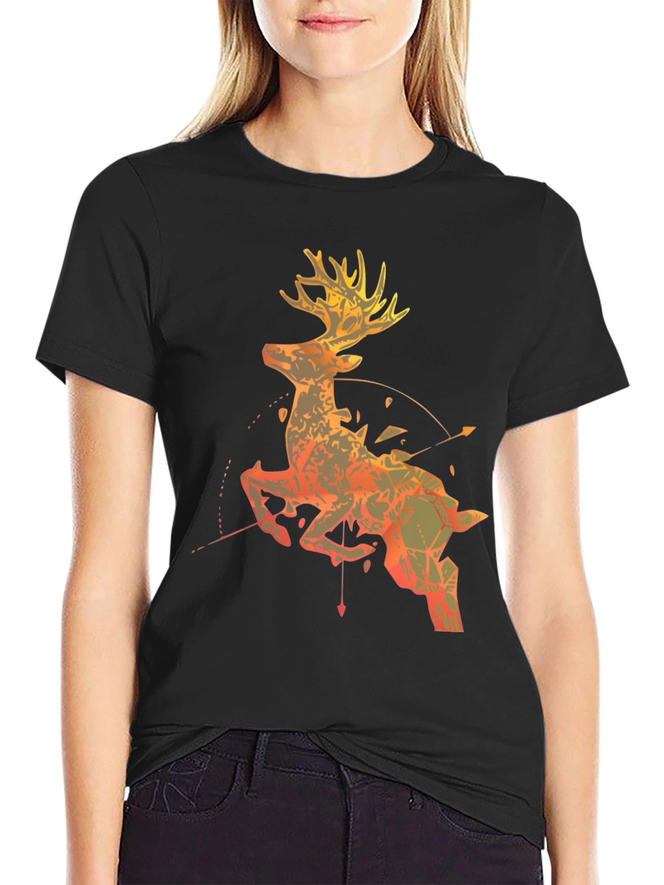 Geometric Deer Graphic Tee - Black