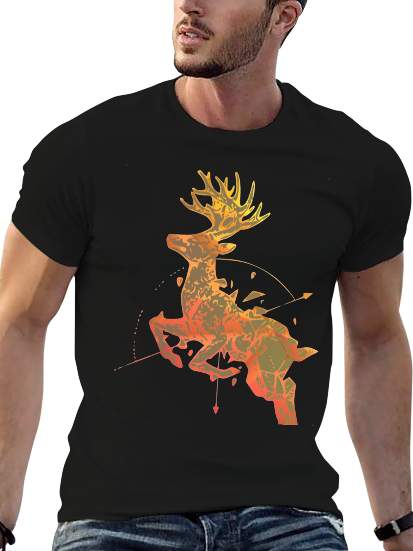 Geometric Deer Graphic Tee - Black