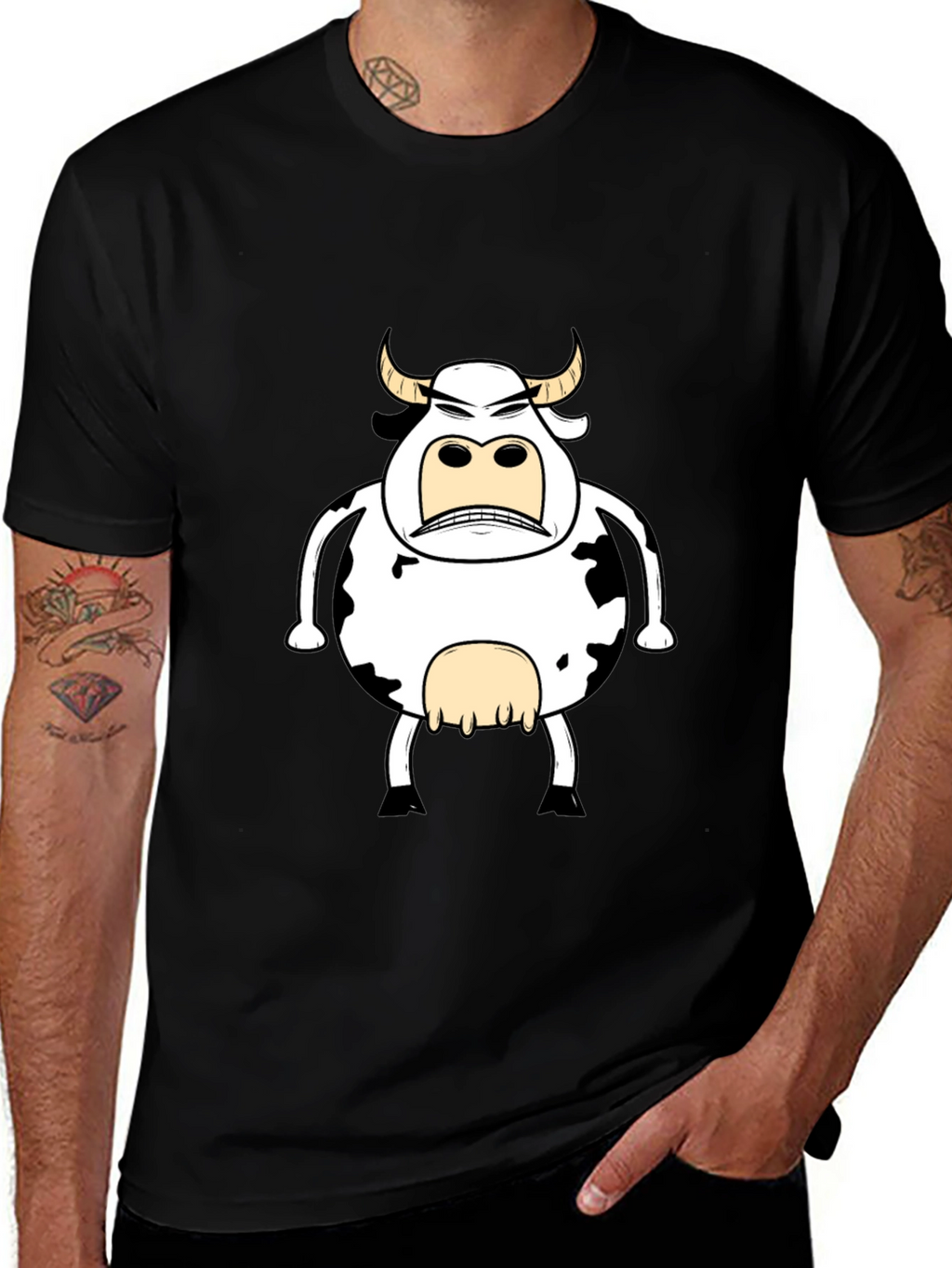Funny Angry Cow Graphic T-Shirt - Black Cotton Tee