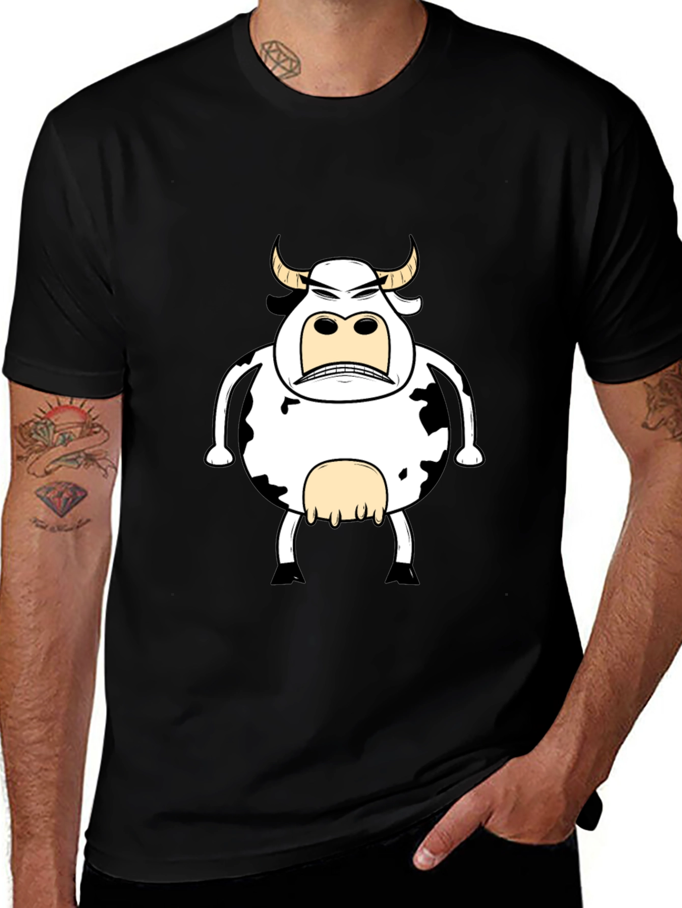 Funny Angry Cow Graphic T-Shirt - Black Cotton Tee