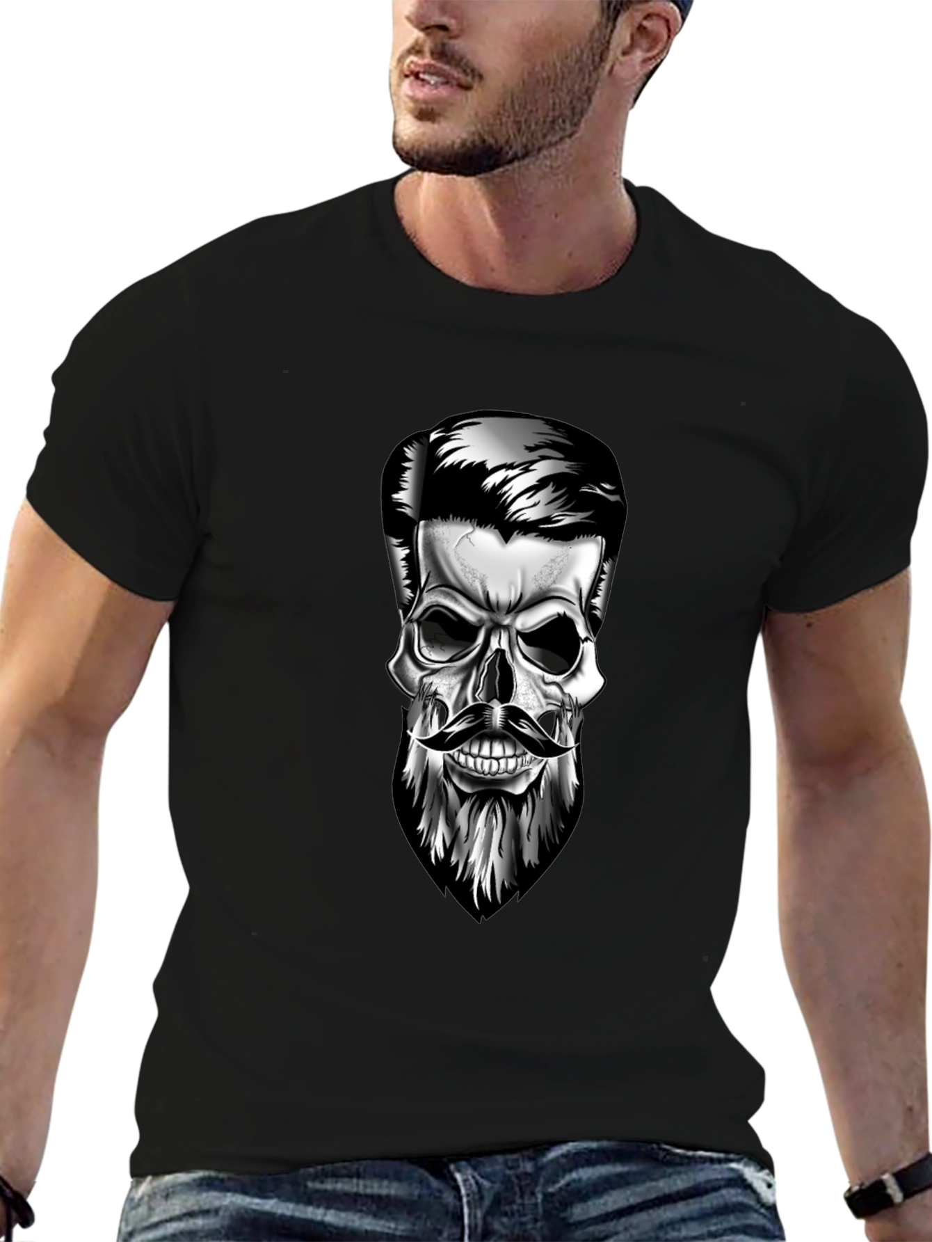 Skull with Beard Graphic T-Shirt - Stylish Mens Tee