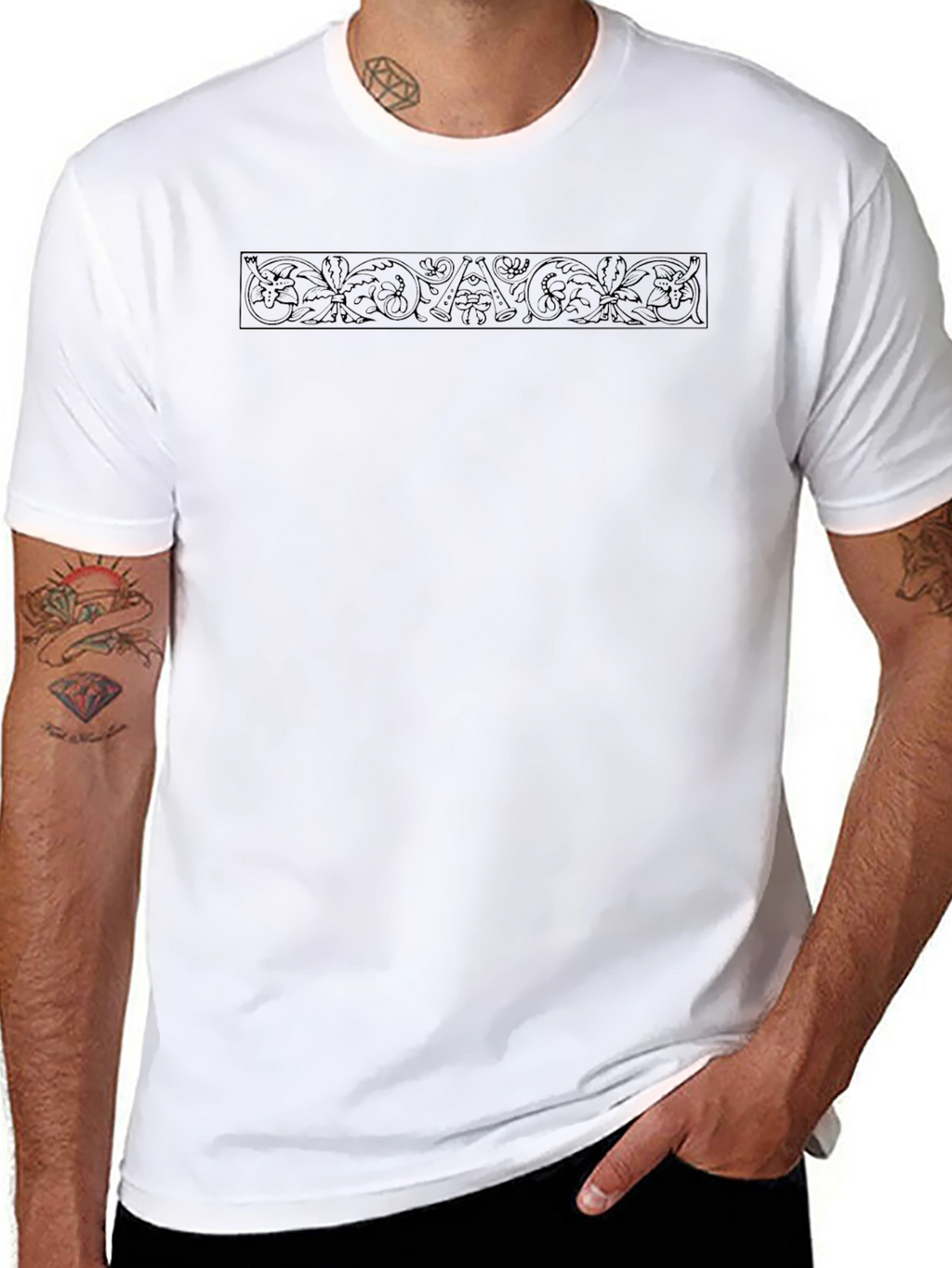 Elegant Black Crew Neck Tee with Ornamental Design