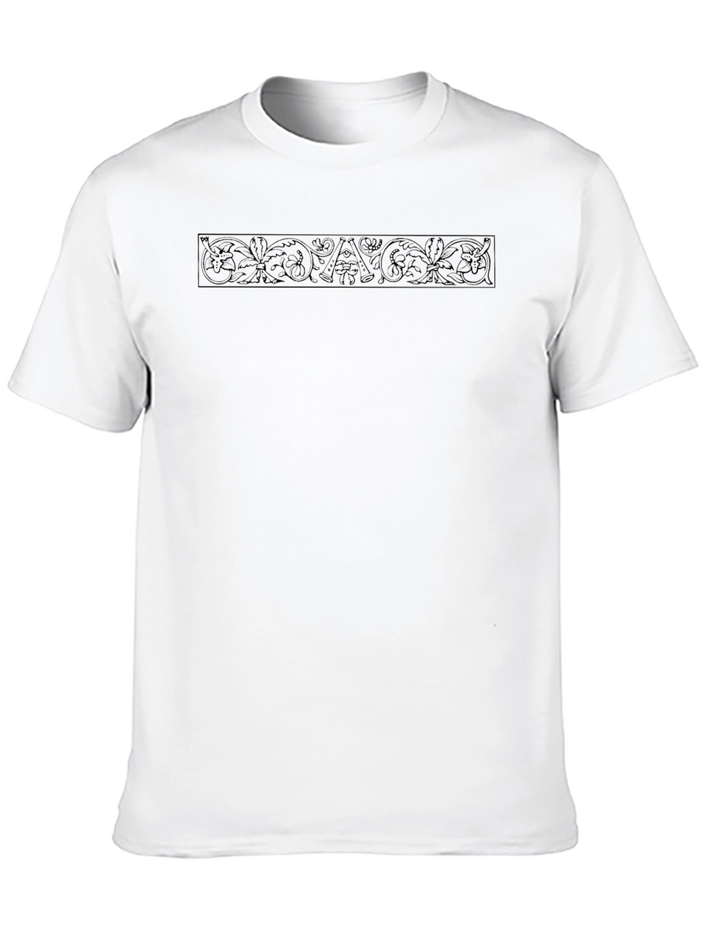 Elegant Black Crew Neck Tee with Ornamental Design