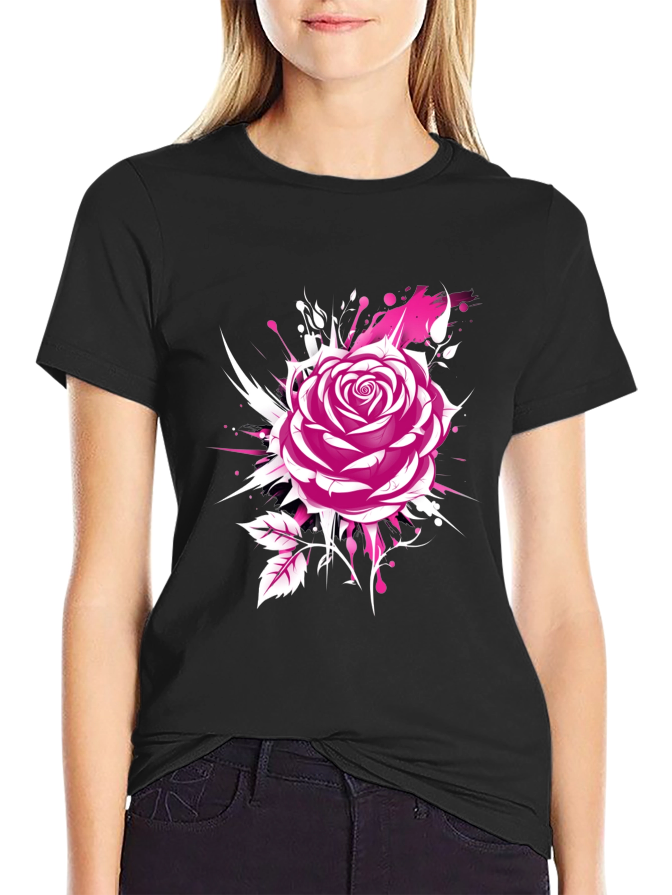 Rose Graphic Black T-Shirt - Trendy Floral Design