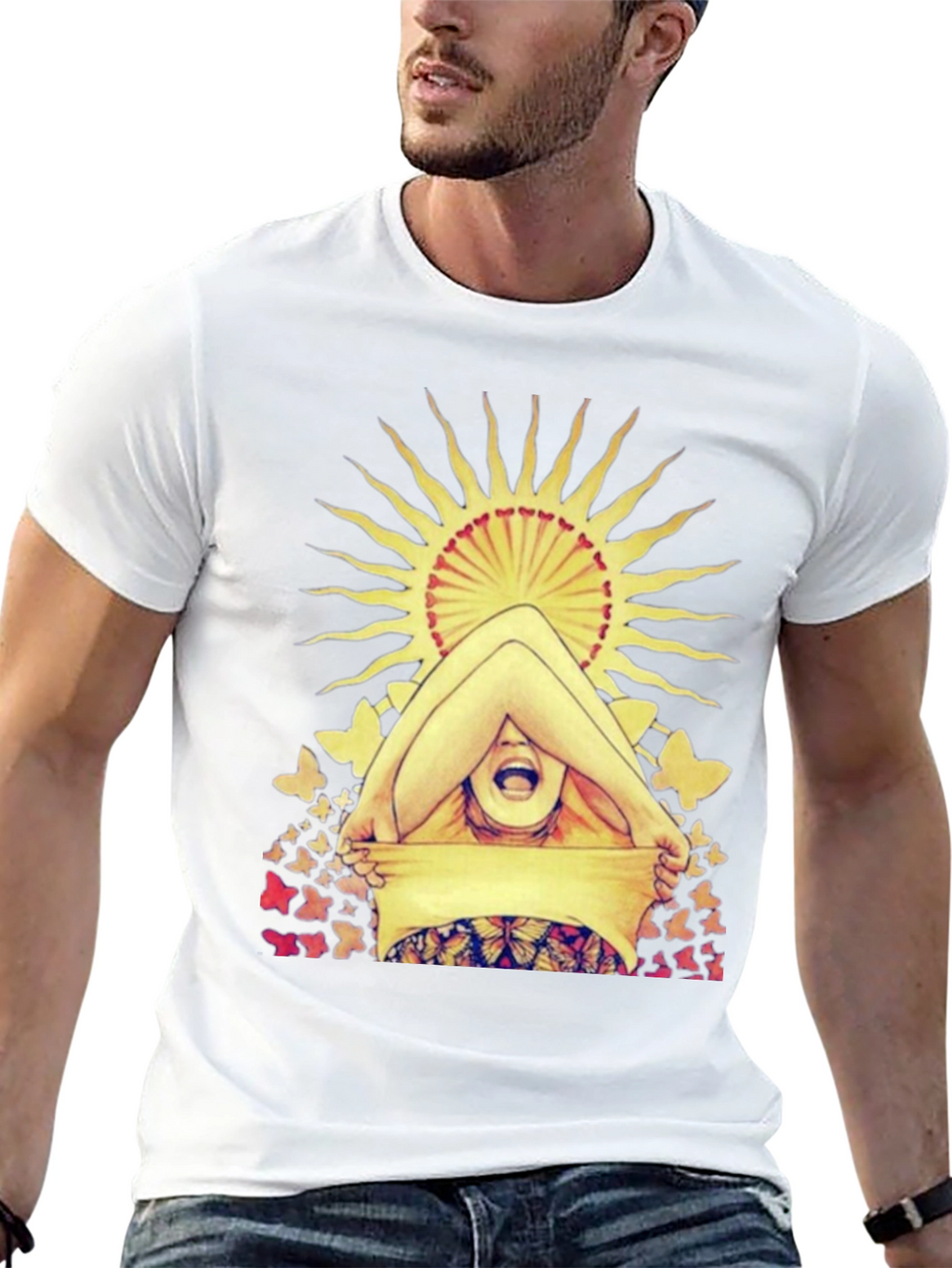 Butterfly & Sun Graphic Tee - Unique Artistic Design