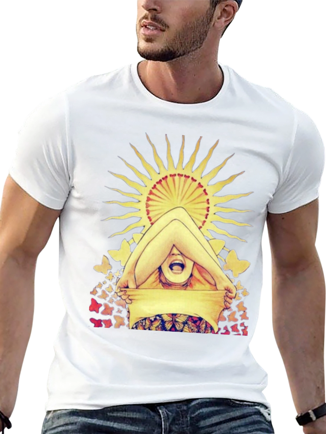 Butterfly & Sun Graphic Tee - Unique Artistic Design