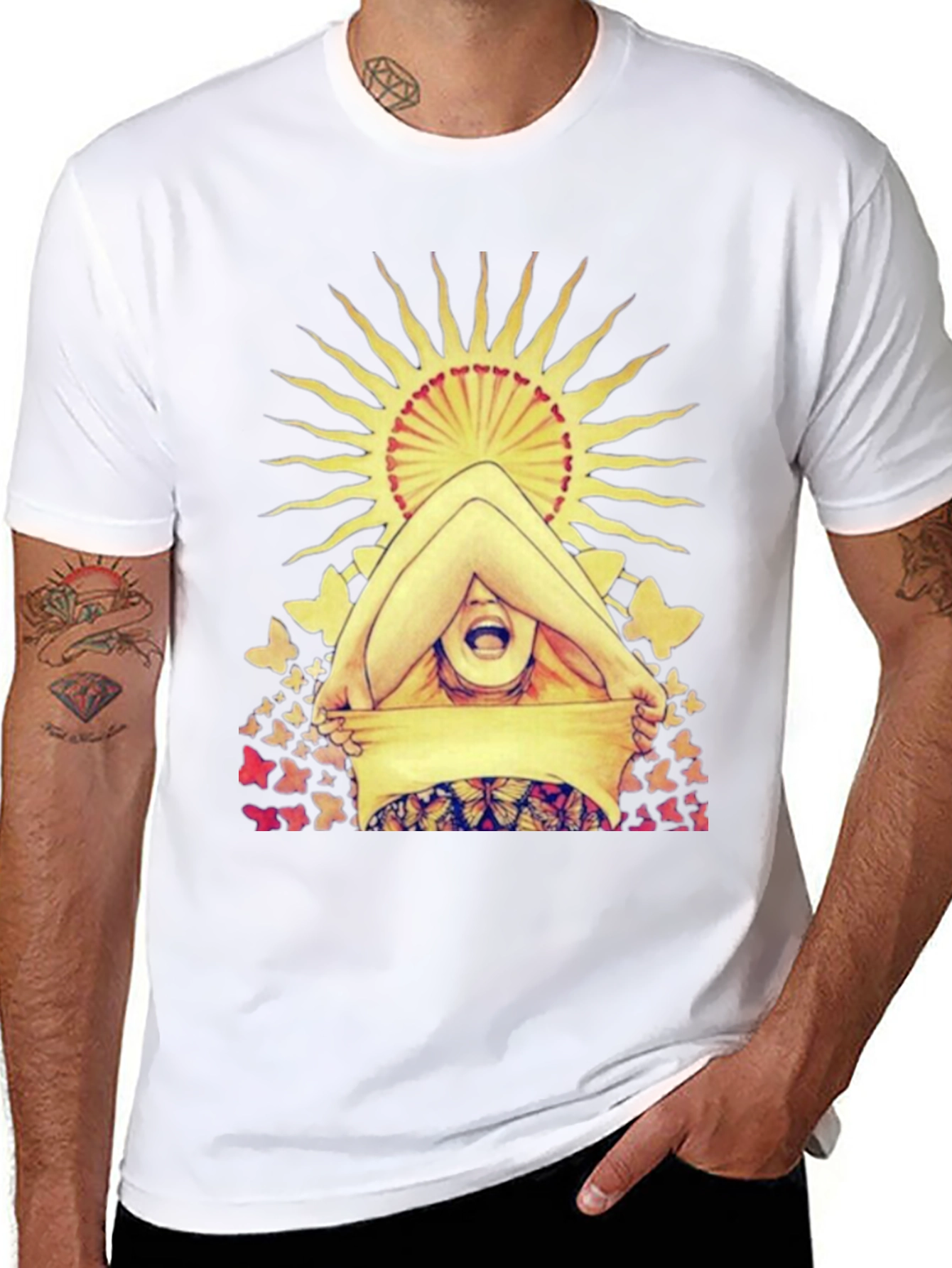 Butterfly & Sun Graphic Tee - Unique Artistic Design